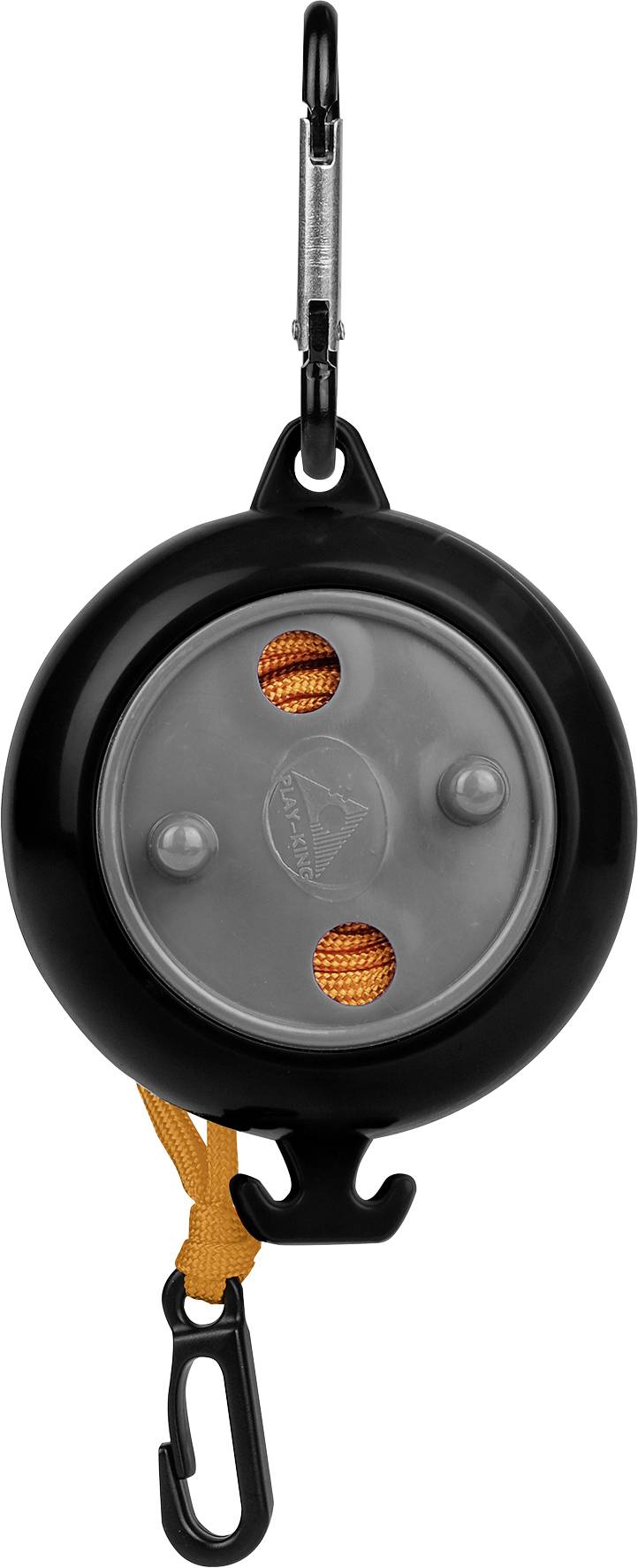 Black, round carabiner reel with two orange cords and hooks, suitable for various accessories.