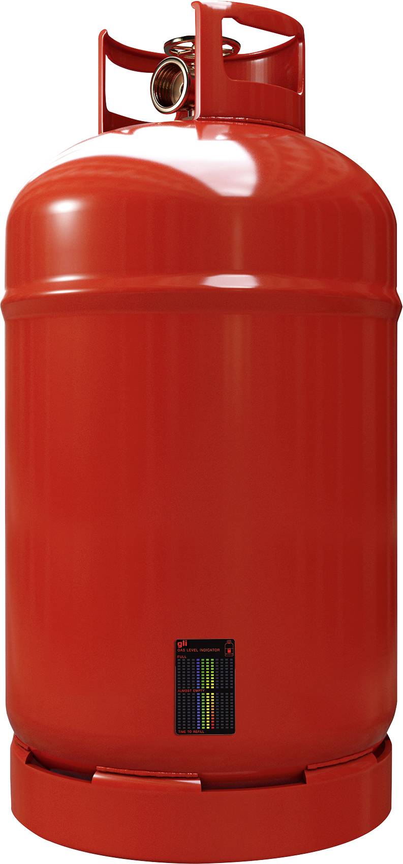 A large, red gas cylinder stands upright. At the top, there is a valve for connection.