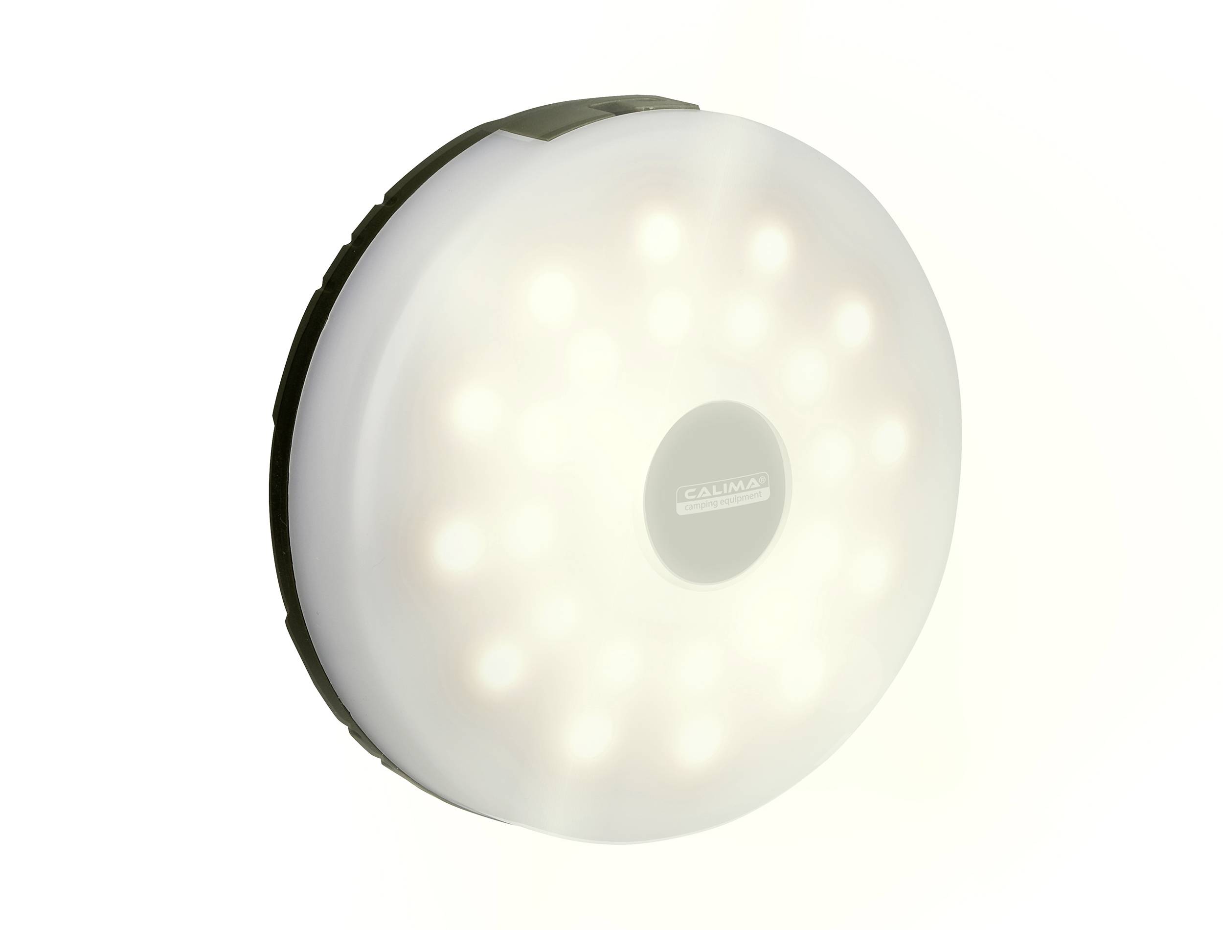Round LED light with a defined centre, surrounded by bright, uniform light, on a white background.