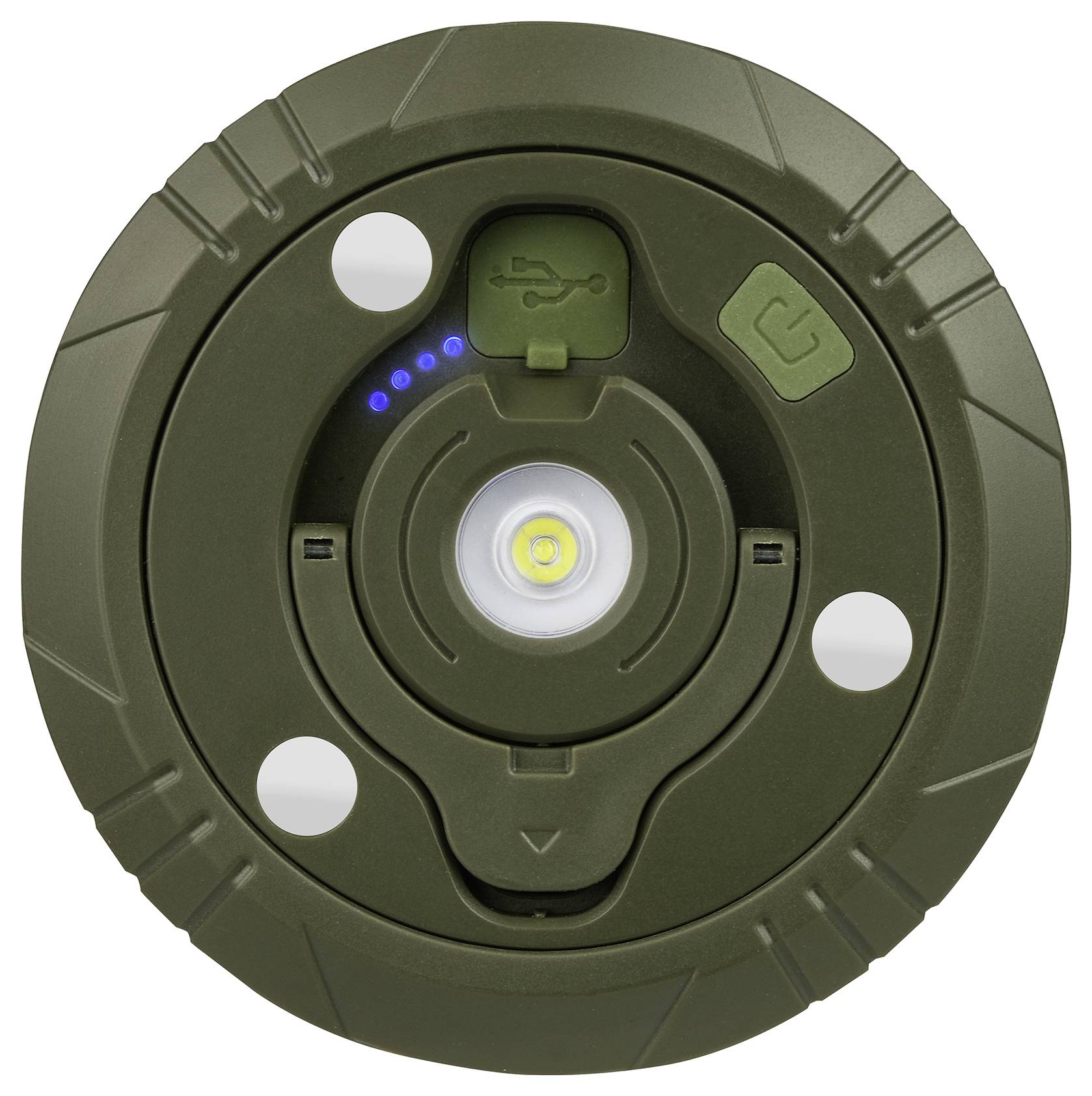 A round green LED lamp with a central lighting element and blue charging indicator lights on the left side.