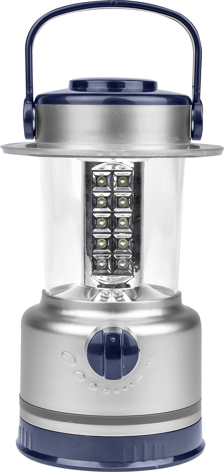 A portable silver LED lantern with nine visible light points and a blue handle on top. Ideal for outdoor activities.