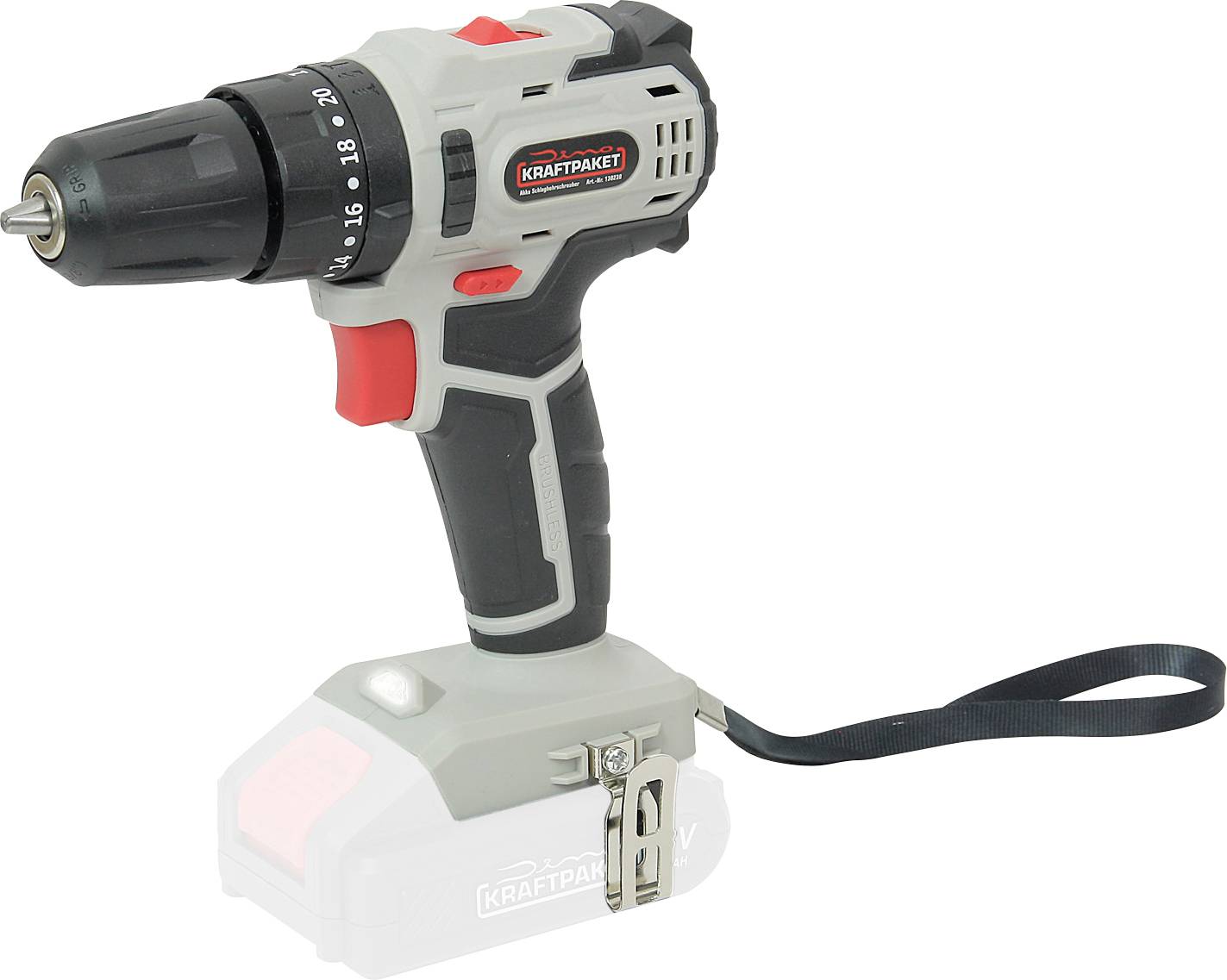 Cordless drill with grey and black casing, red trigger, and hand strap. Suitable for drilling and screwing tasks.