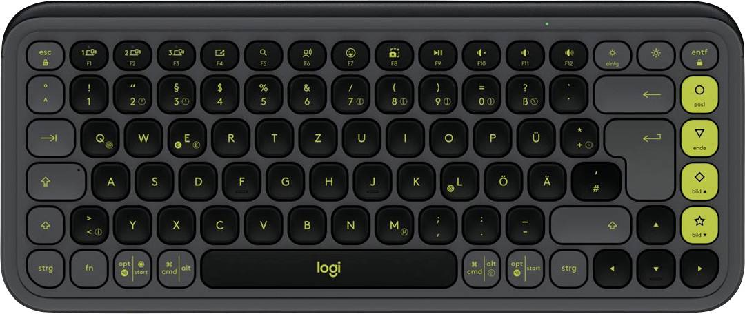 Black QWERTY keyboard with yellow lettering, rounded keys and function key markings. Brand 'Logi'.