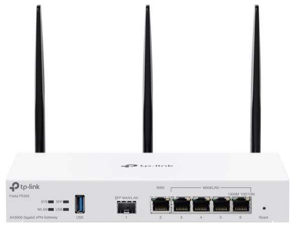 A white TP-Link router with three aerials and multiple Ethernet ports, suitable for Gigabit VPN connections.