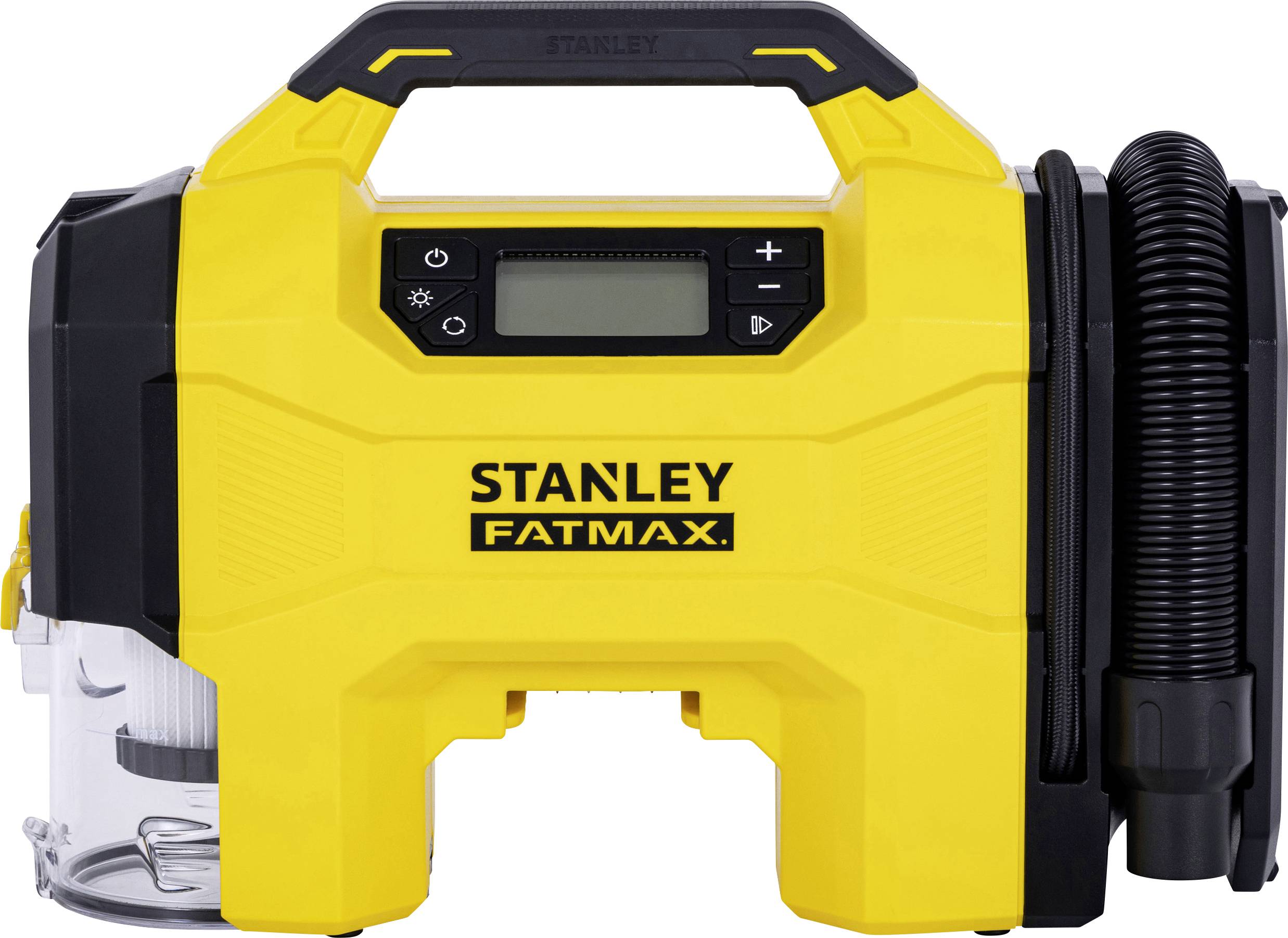 Yellow portable vacuum cleaner with a black handle and digital display. 'Stanley FatMax' brand name on the front.