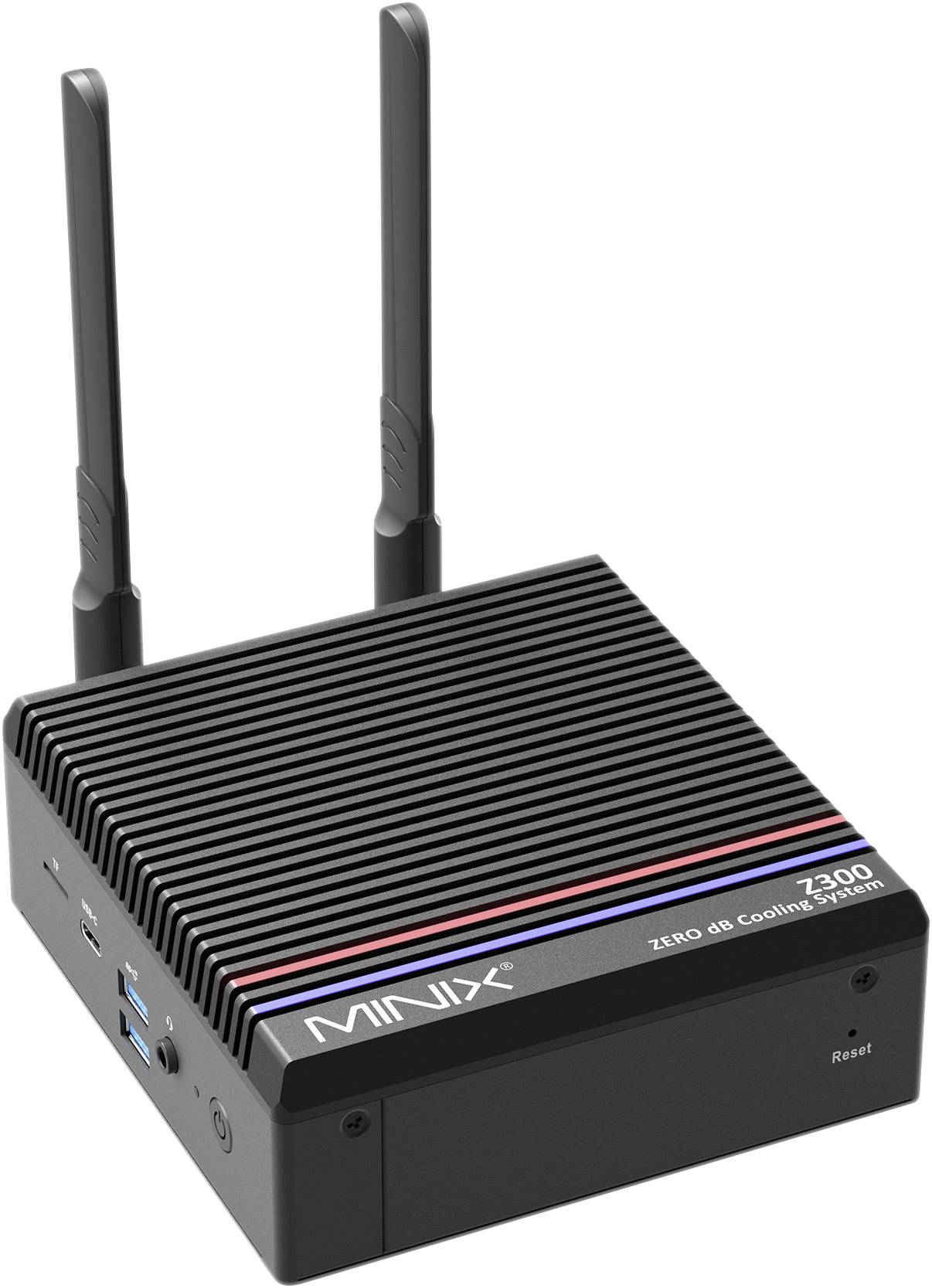 A compact black mini PC with two aerials and front ports, from the brand MINIX, Model Z300, with passive cooling.