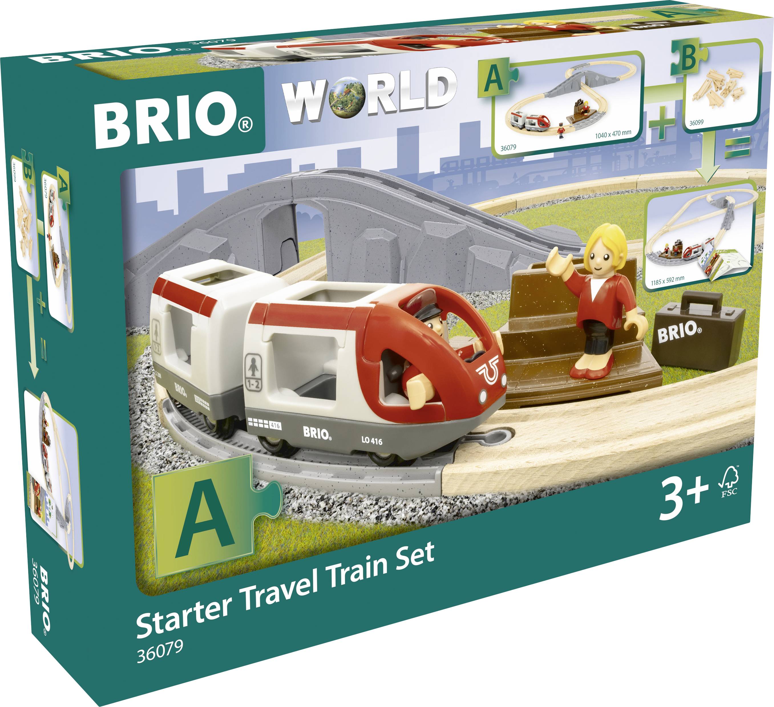 Toy set with red train, track and figure. 'BRIO' brand name visible. Suitable for children aged 3 and over.