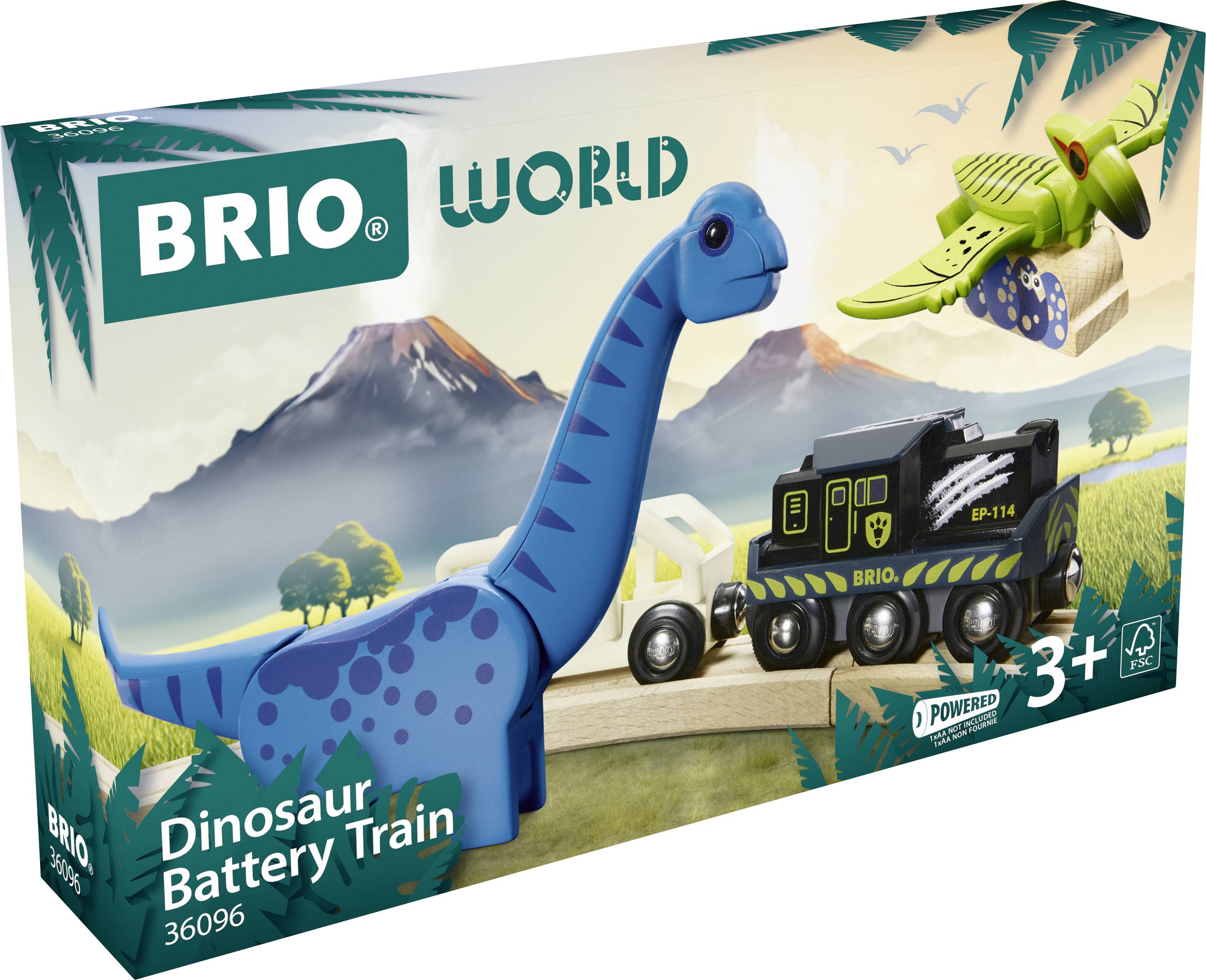 Packaging of a BRIO Dinosaur Toy Train, showing a blue dinosaur and black train against a prehistoric landscape. Suitable for children aged 3 and over.