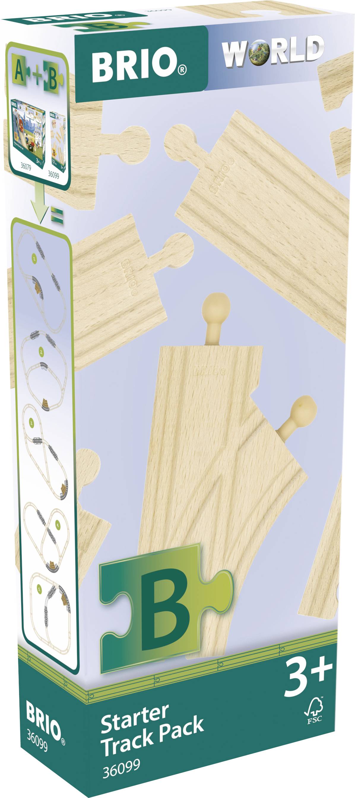 'Starter Track Pack' by BRIO for children aged 3 and over. Contains wooden railway track sections. Packaging shows example track pieces.