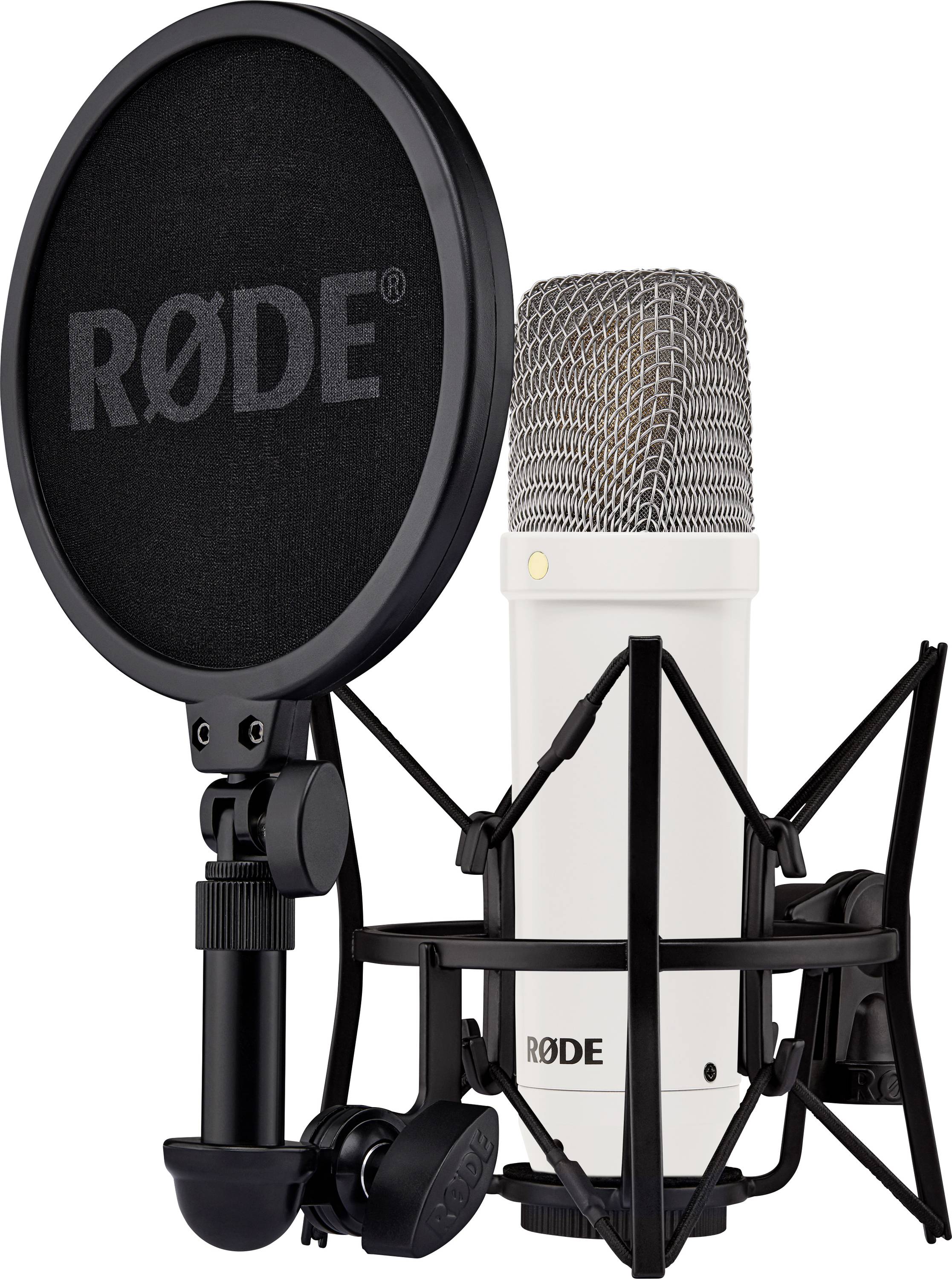 A white RØDE microphone with a black pop filter and spider mount, ideal for professional sound recordings.