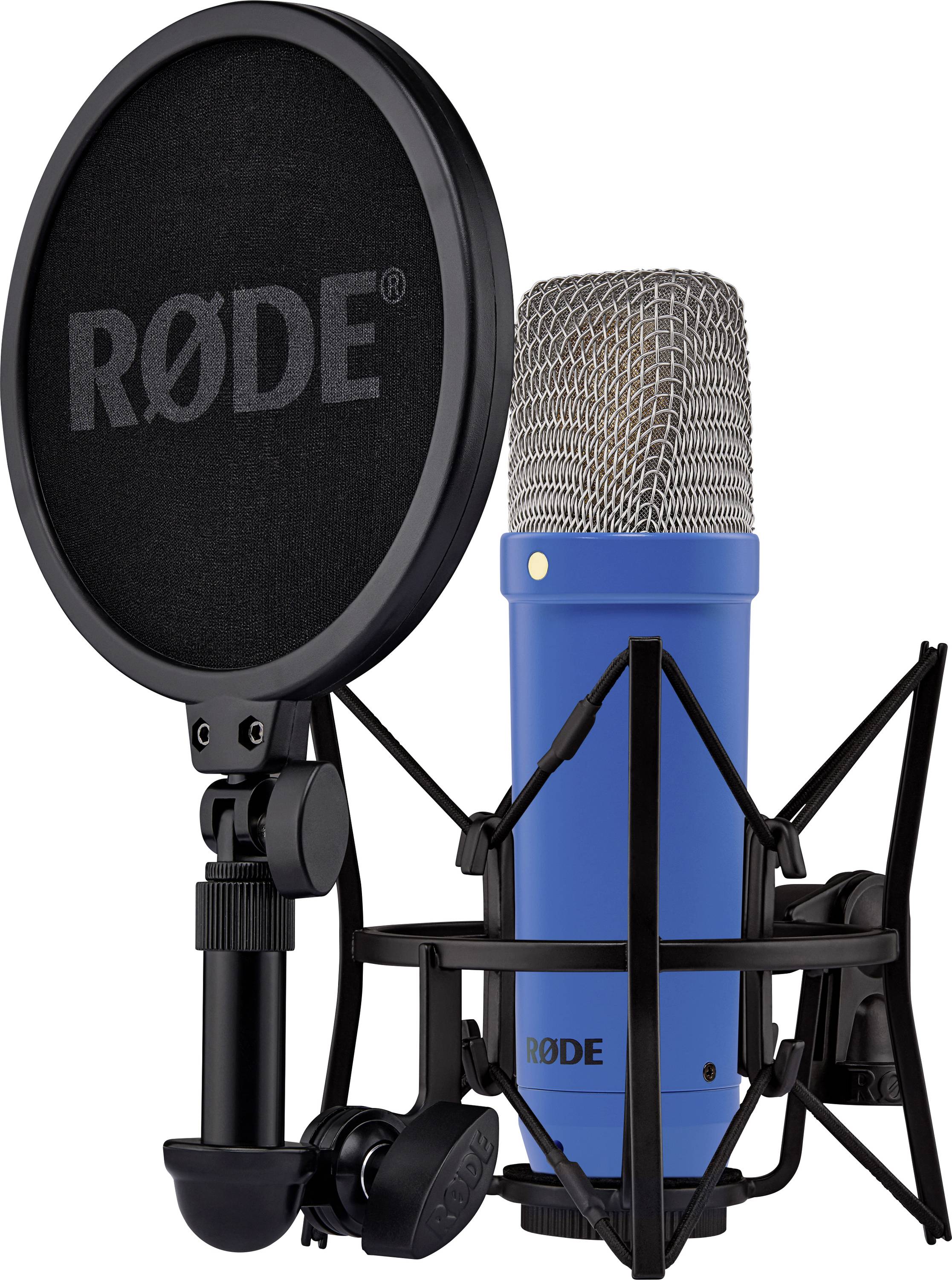 Blue studio microphone with a black pop filter, mounted on a suspension mount for audio recordings.