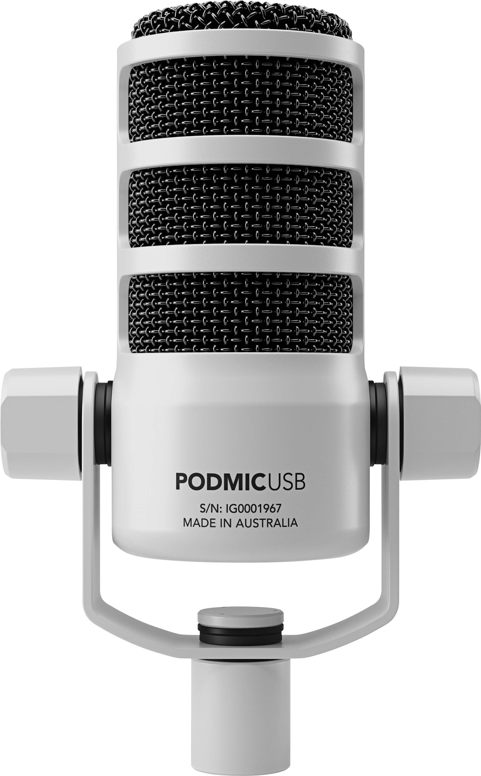 Silver USB microphone on a white background. Label reads: 'PODMIC USB'. Design features a metal grille and black casing.