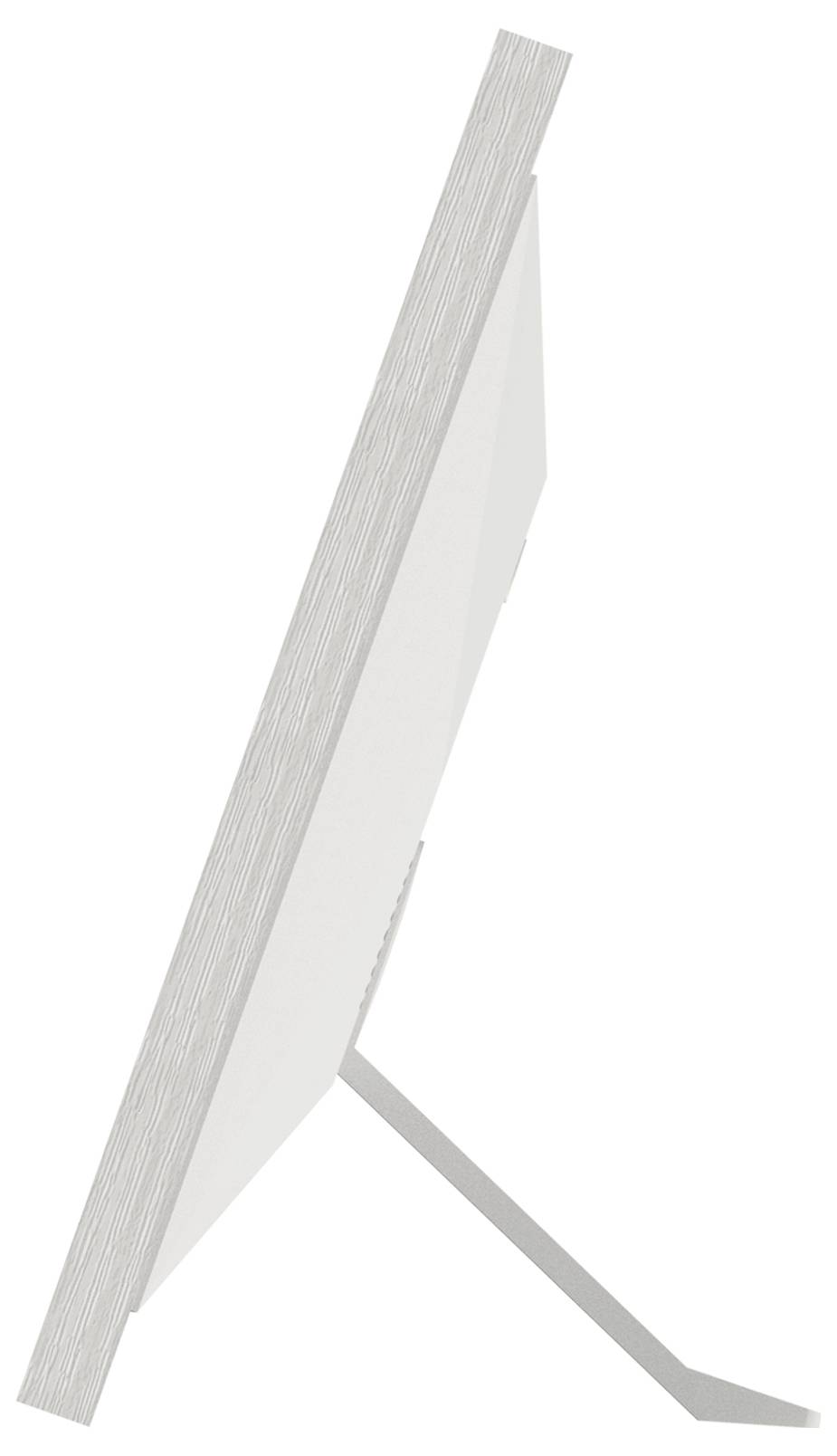 Side view of a modern computer monitor with a sleek design and narrow bezel, standing on a metal stand.