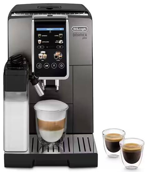Coffee machine with integrated milk frother. Display shows selection of coffee specialities. Two espresso cups placed beside it.