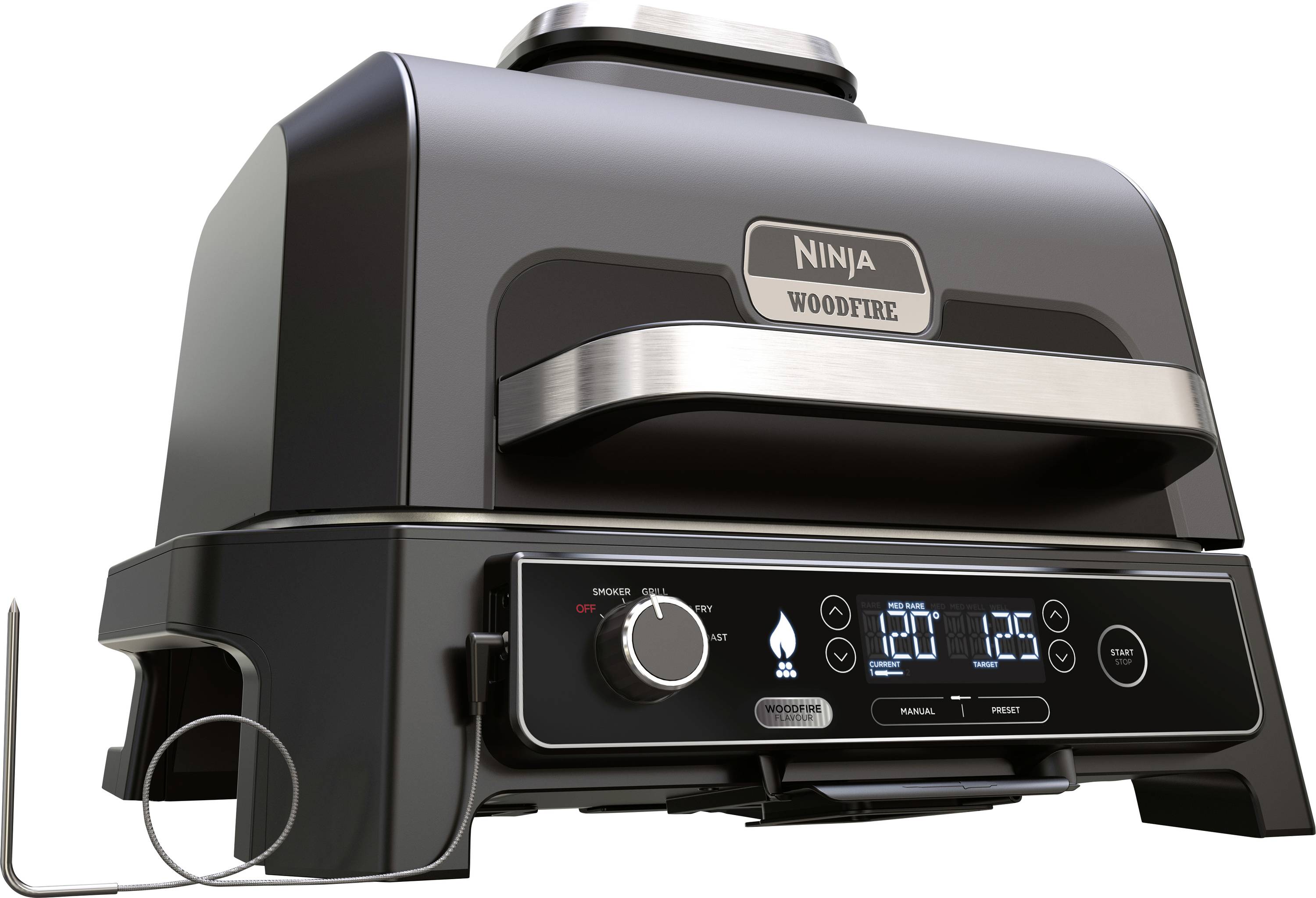 A modern, black barbecue with 'Ninja Woodfire' printed on it. The grill has digital displays and controls on the front.