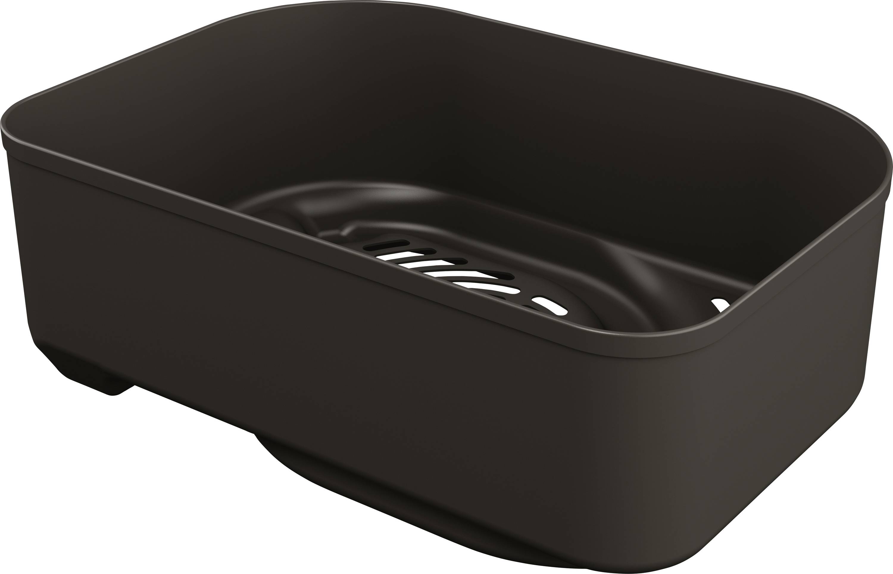 Black plastic soap dish with draining grid, rectangular shape, for bathroom or kitchen, keeps soap dry.