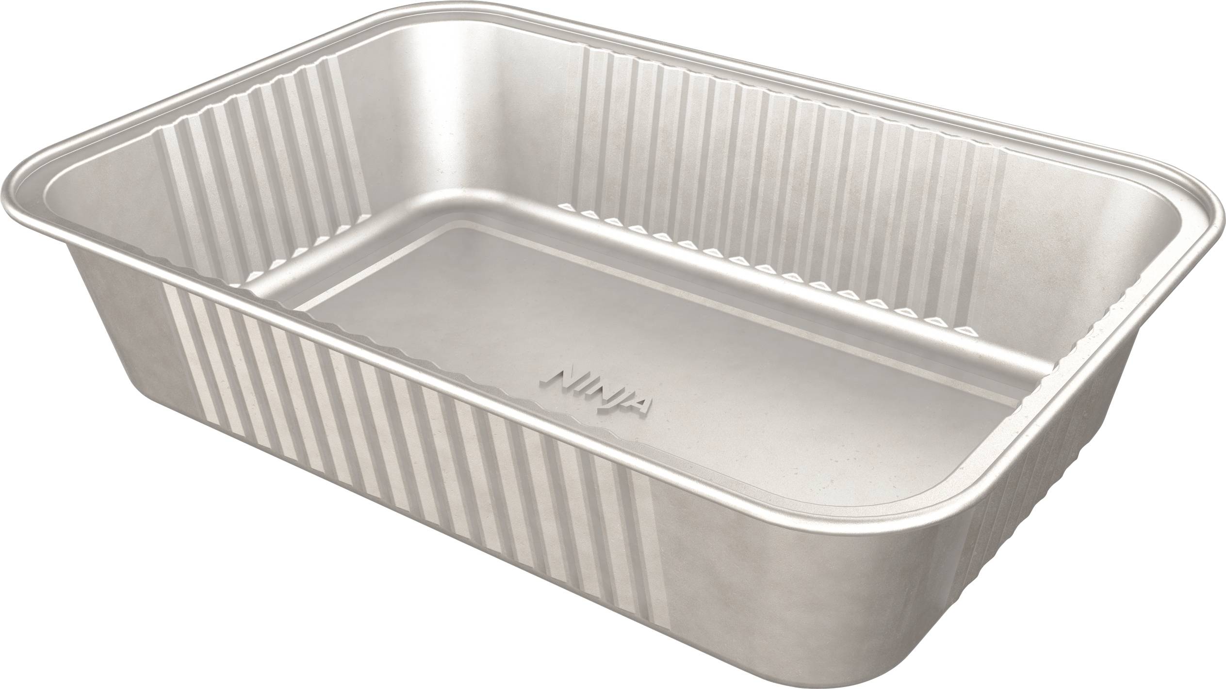 Rectangular metal baking tin with fluted sides and embossed base. Ideally suited for baking or roasting in the oven.