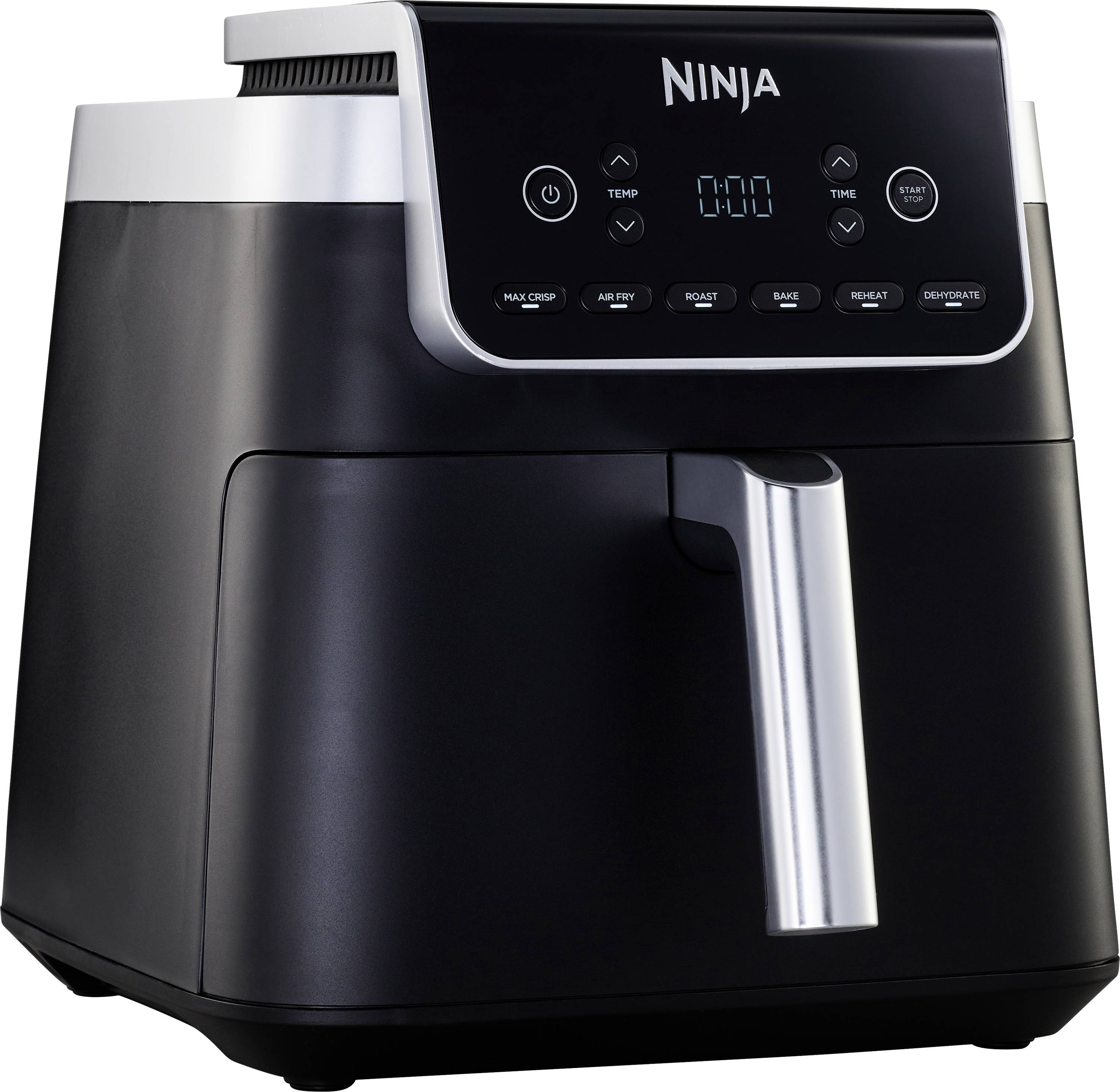 A black air fryer with a digital display on the front. The display shows buttons for temperature and time settings.