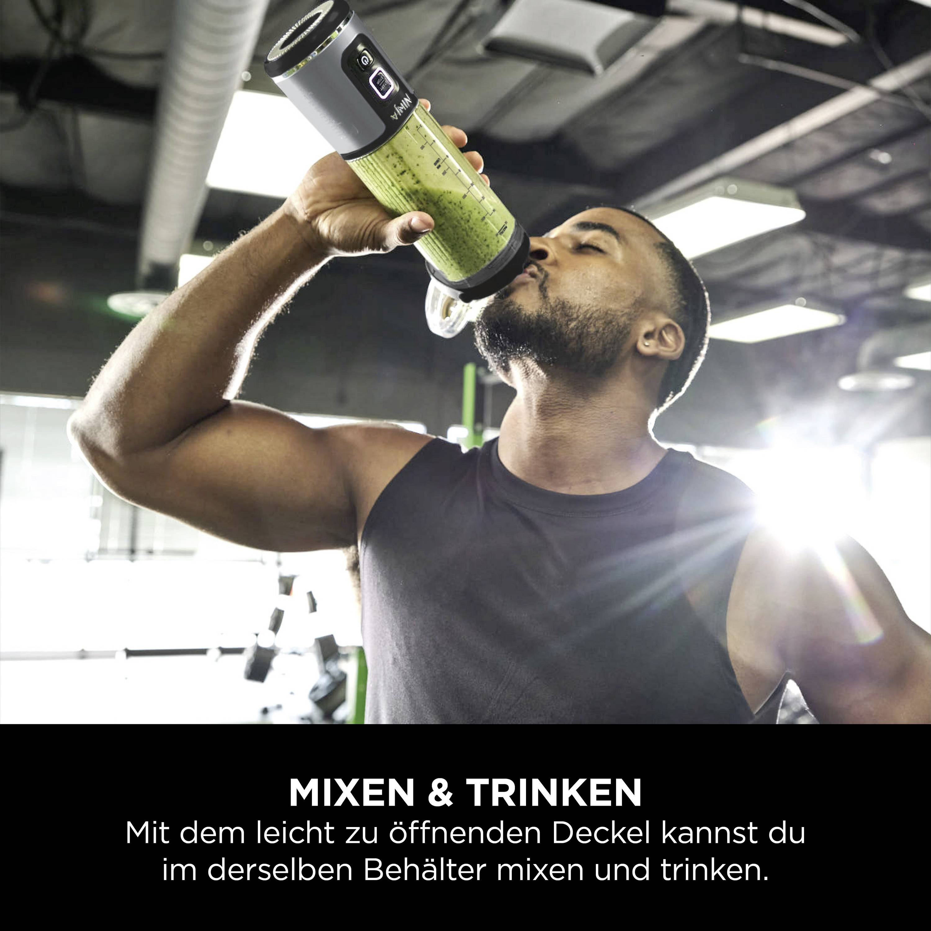A man is drinking from a portable blender in a gym. Text underneath: 'Blend & Drink' with explanation about practical usage.
