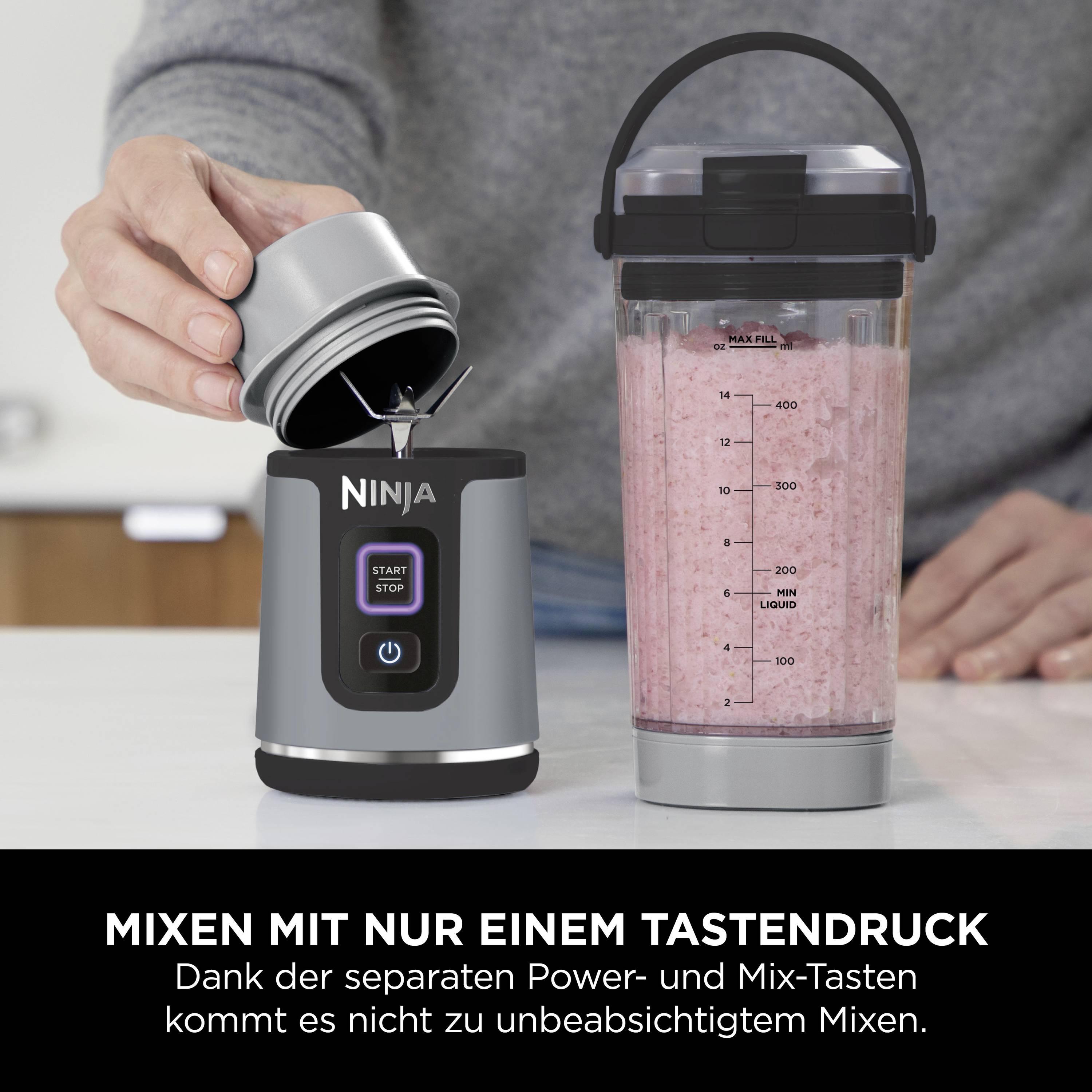 A person is filling a blender jug, holding the lid with their left hand. An electric mixer is placed beside it. Text below: 'Mix with just one touch of a button'.