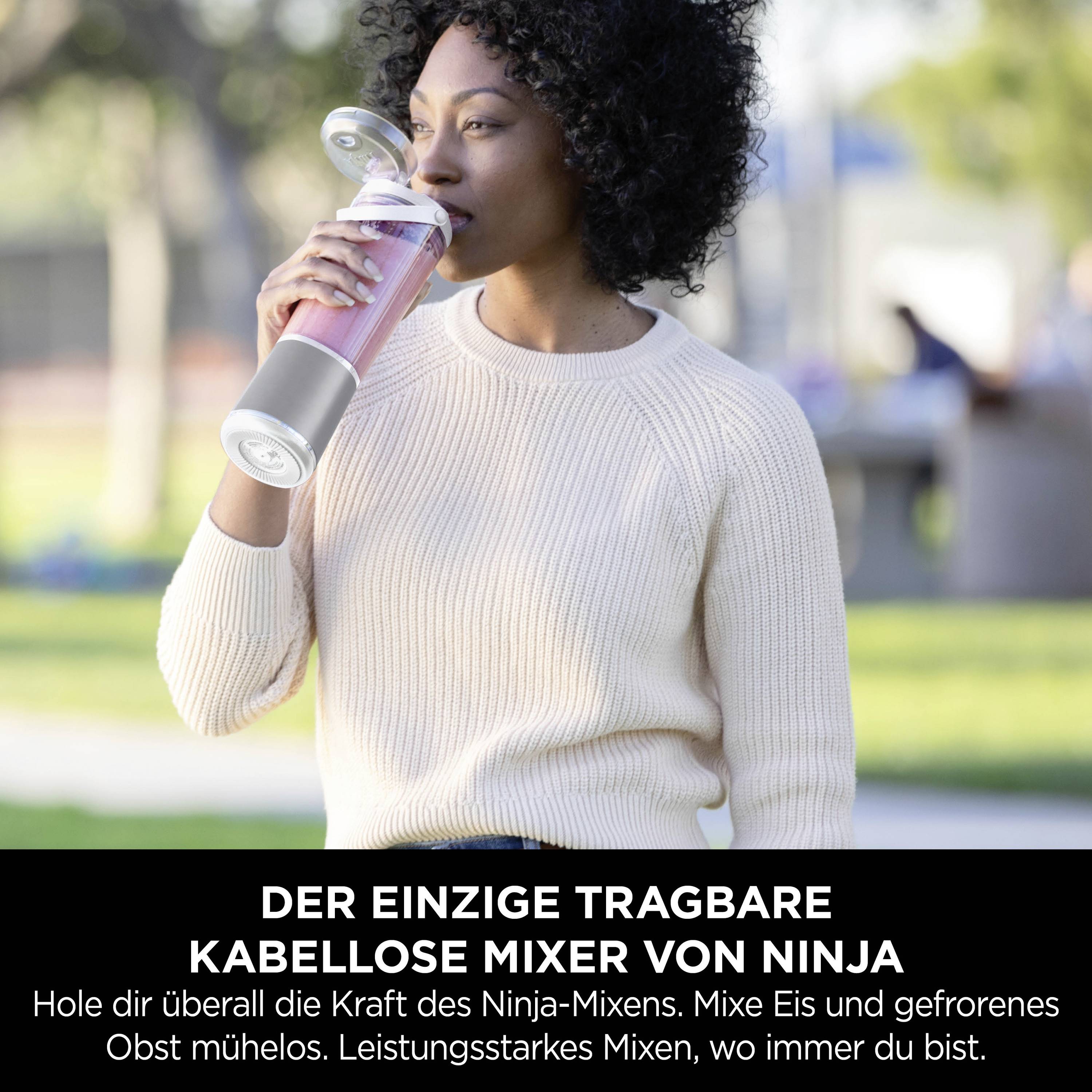 A woman enjoys a smoothie from a portable blender. The text below emphasises the versatility and power of the cordless Ninja blender.