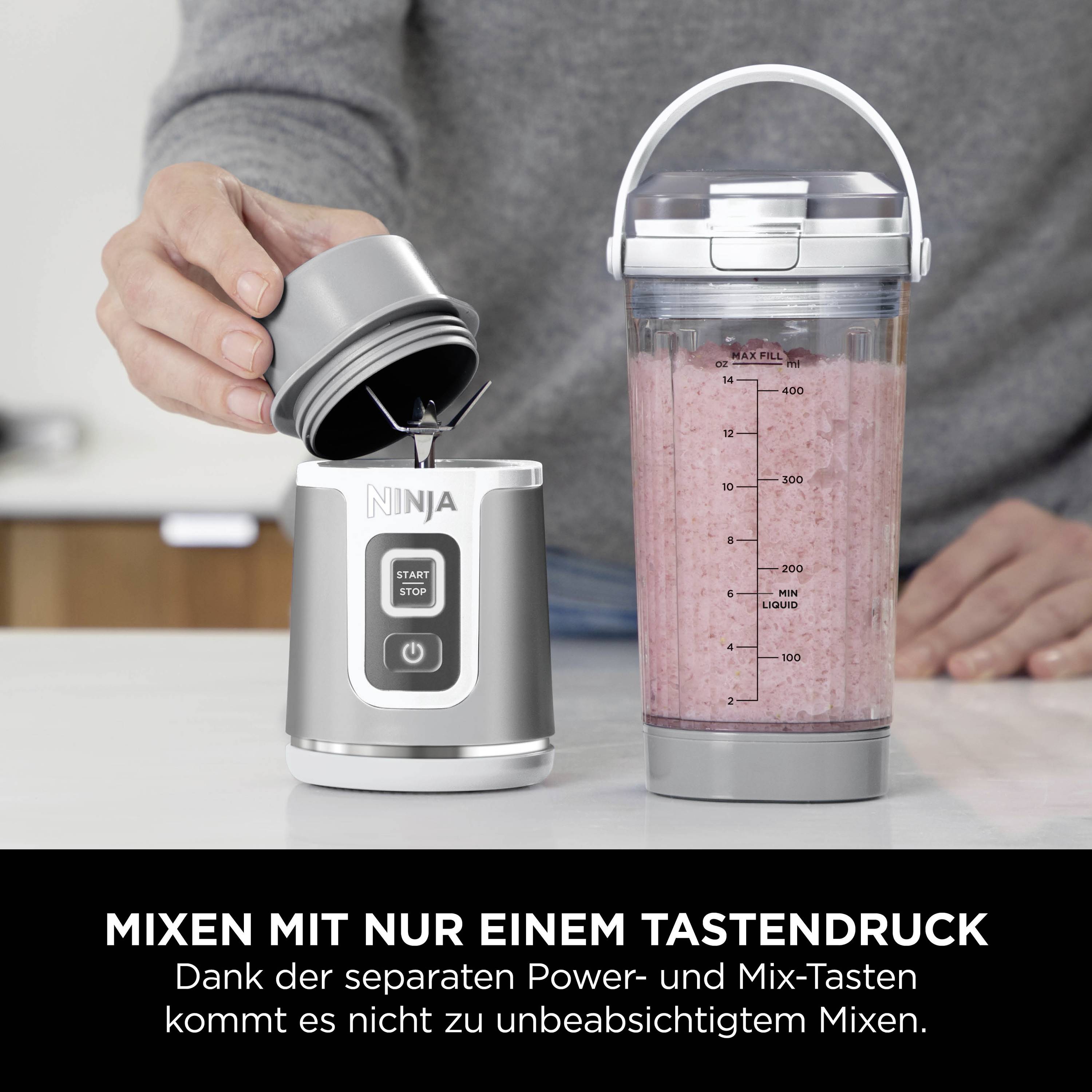 Compact blender with drinks container; person placing lid on top. Text below: 'Blend with just one button press'.