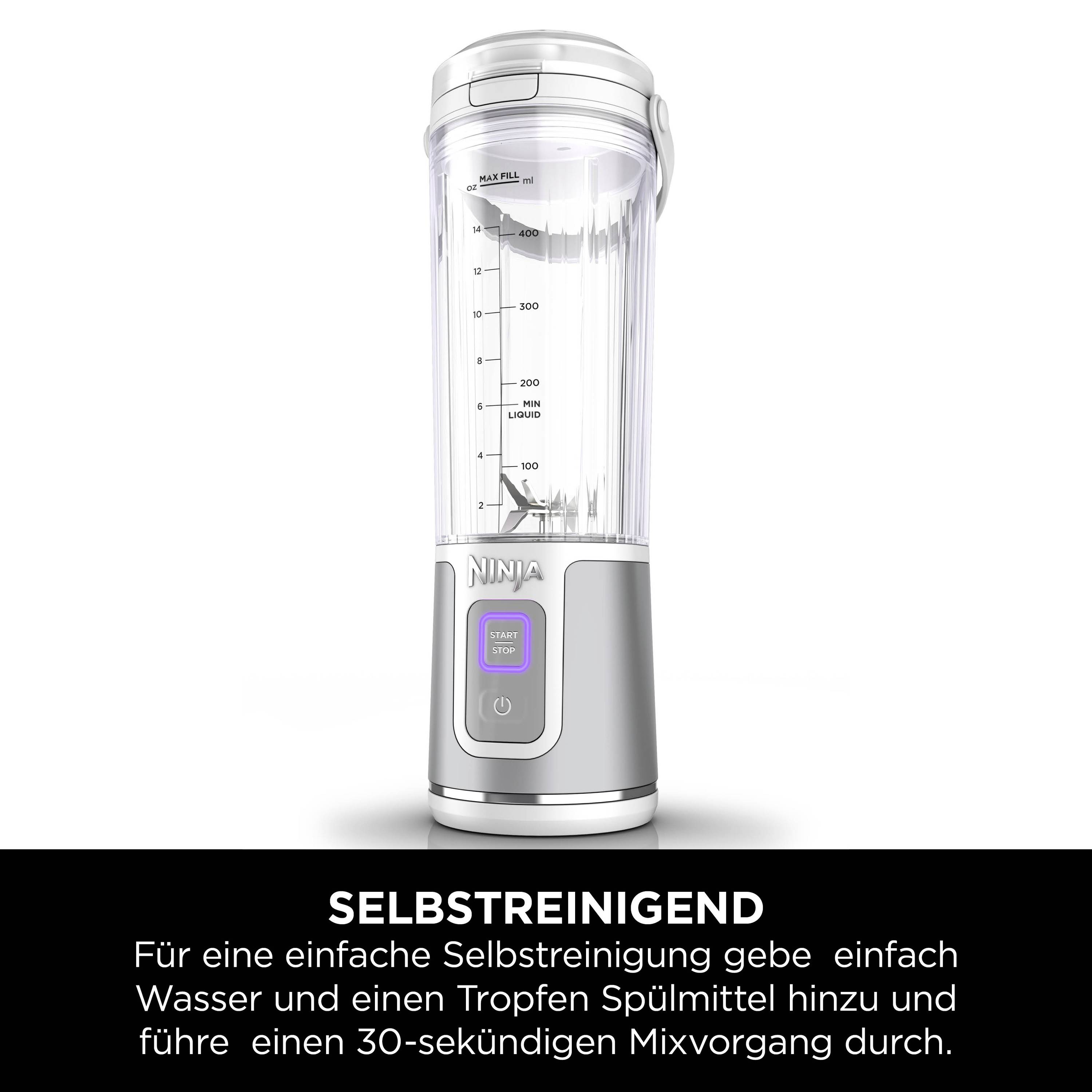 A white countertop blender with a self-cleaning function. Below it says: 'For easy self-cleaning, add water and washing-up liquid.'