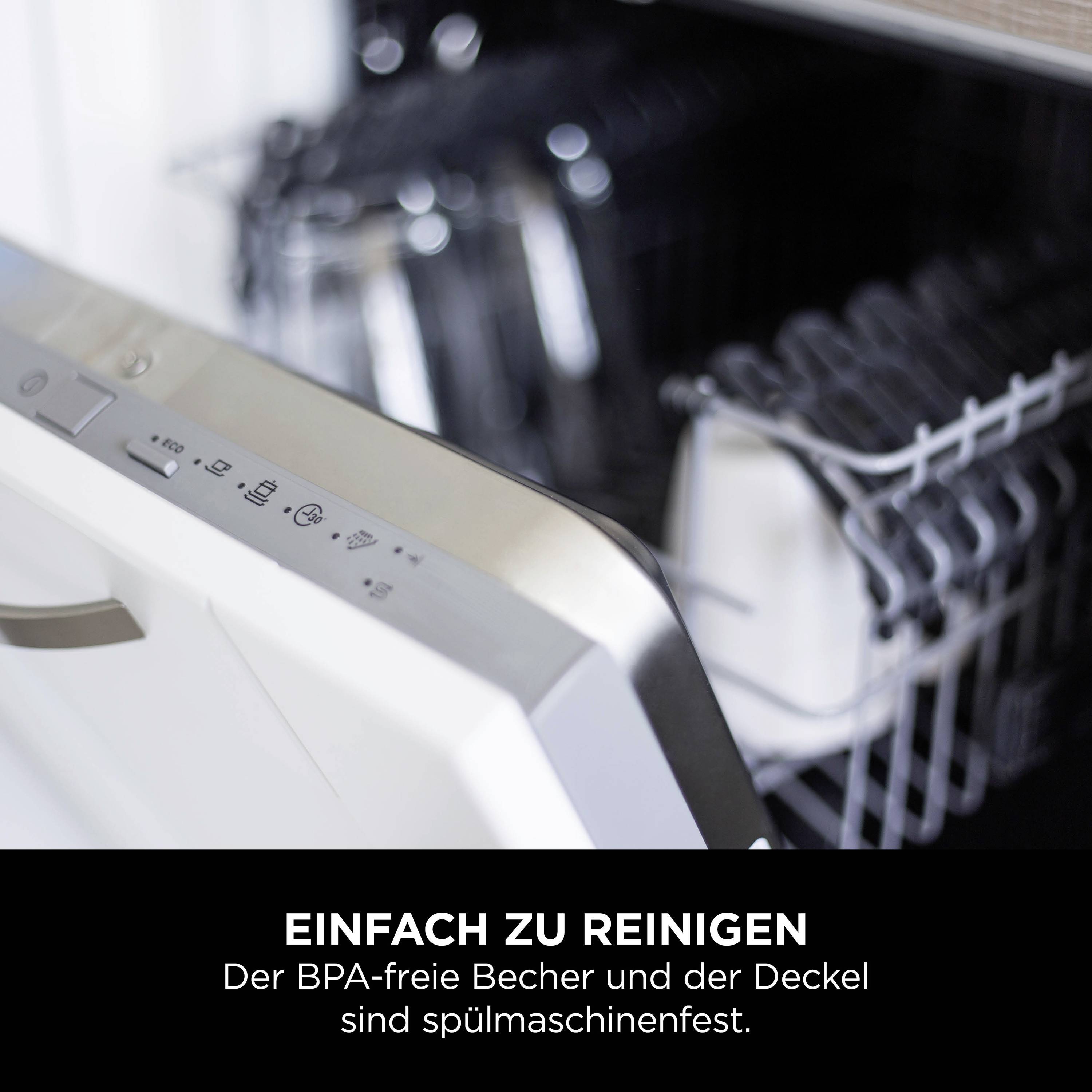 'Dishwasher with open compartment; BPA-free cups inside. Text: 