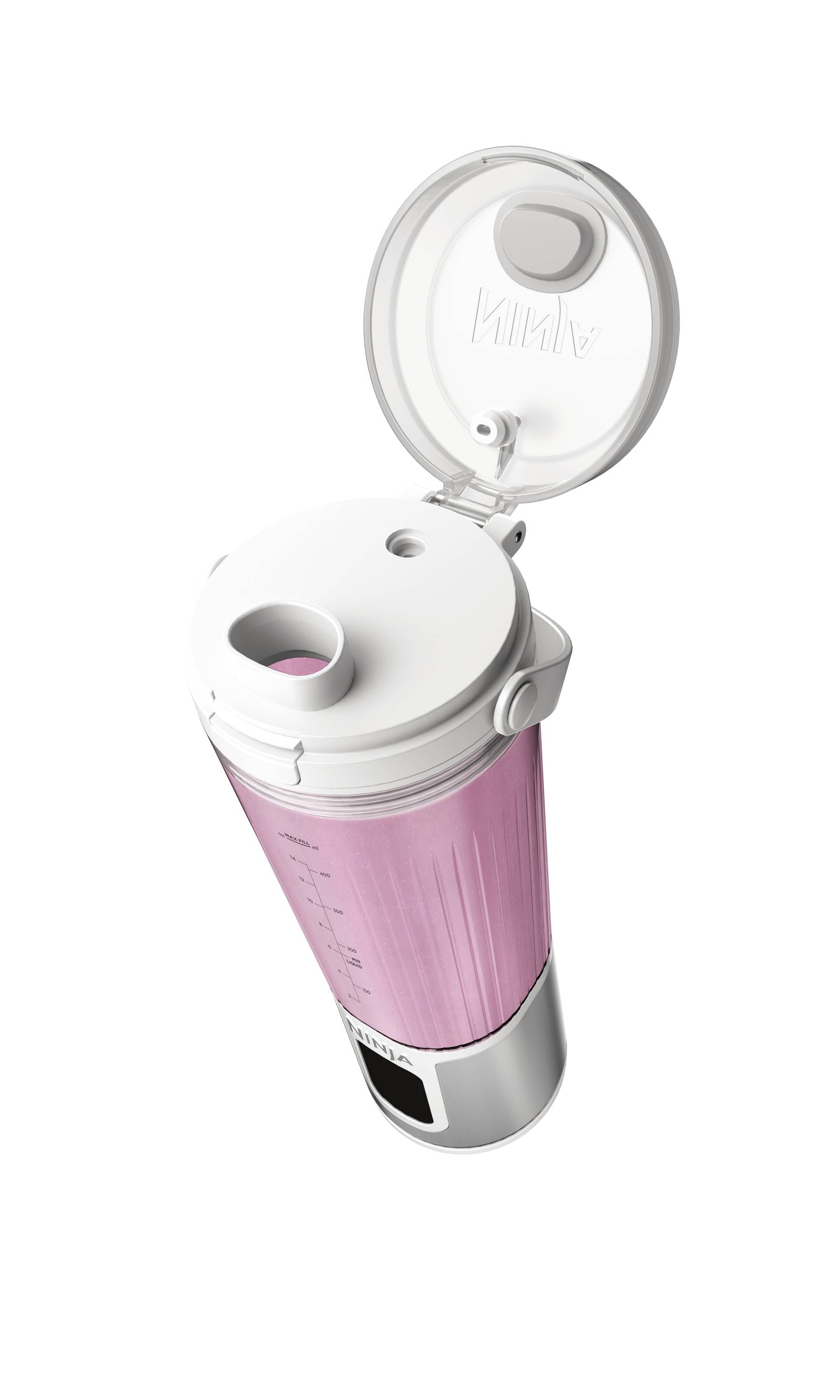 A pink shaker cup with measurement scale and fold-down lid, opened and shown in a vertical position.
