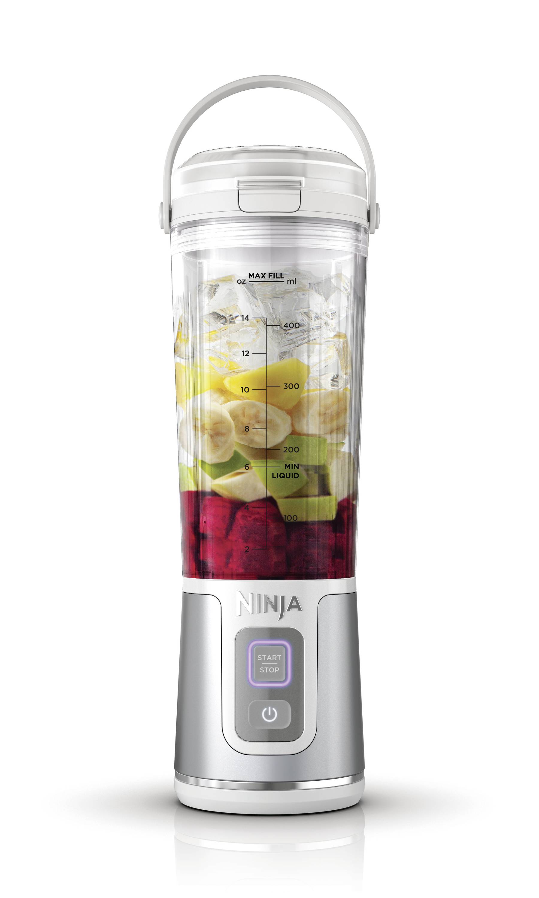 A silver blender with a transparent container, filled with raspberries, banana slices, avocado and clear liquid.