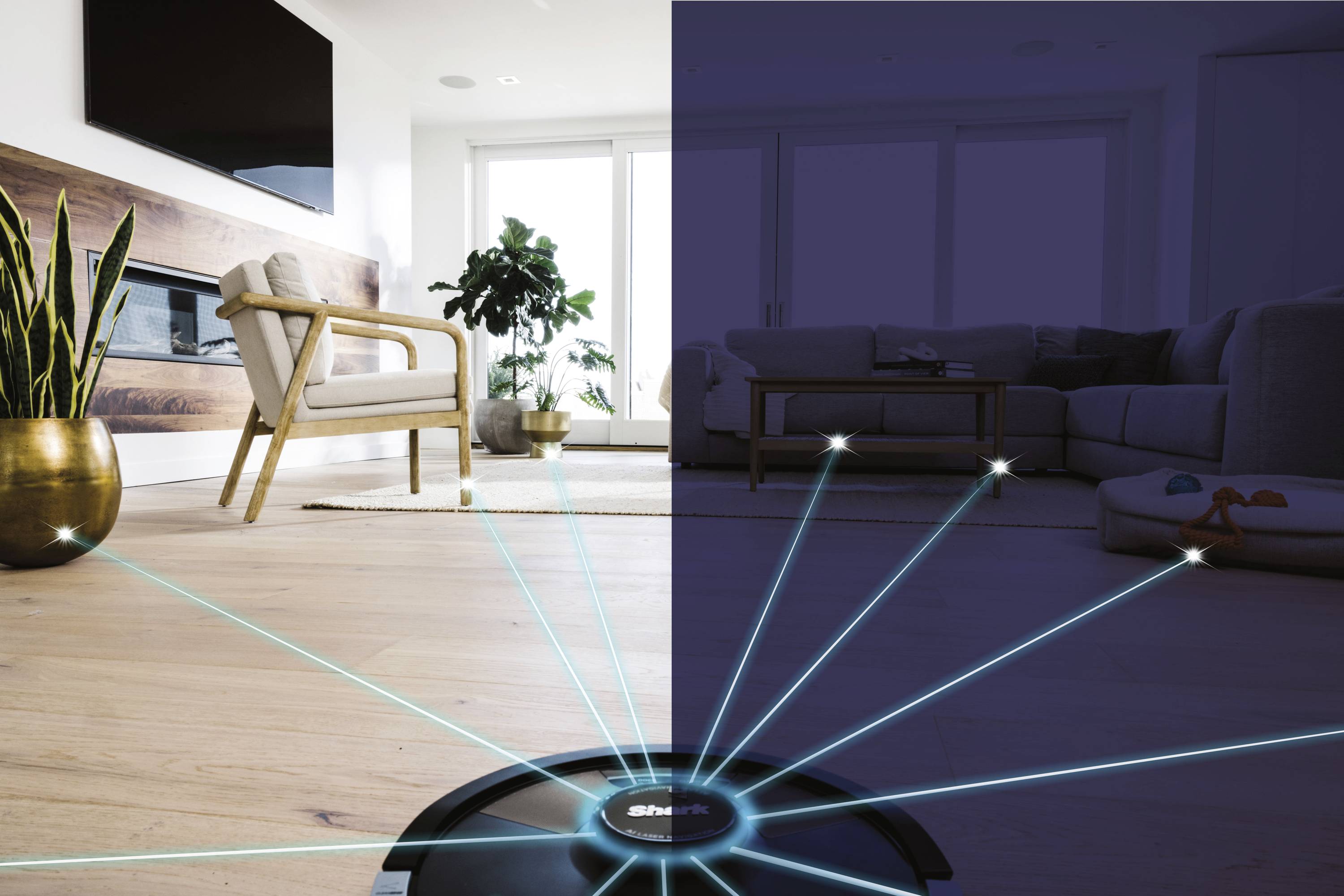 A robot vacuum cleaner tidies a bright living space during the day, while LED lights indicate obstacles in the darkness.