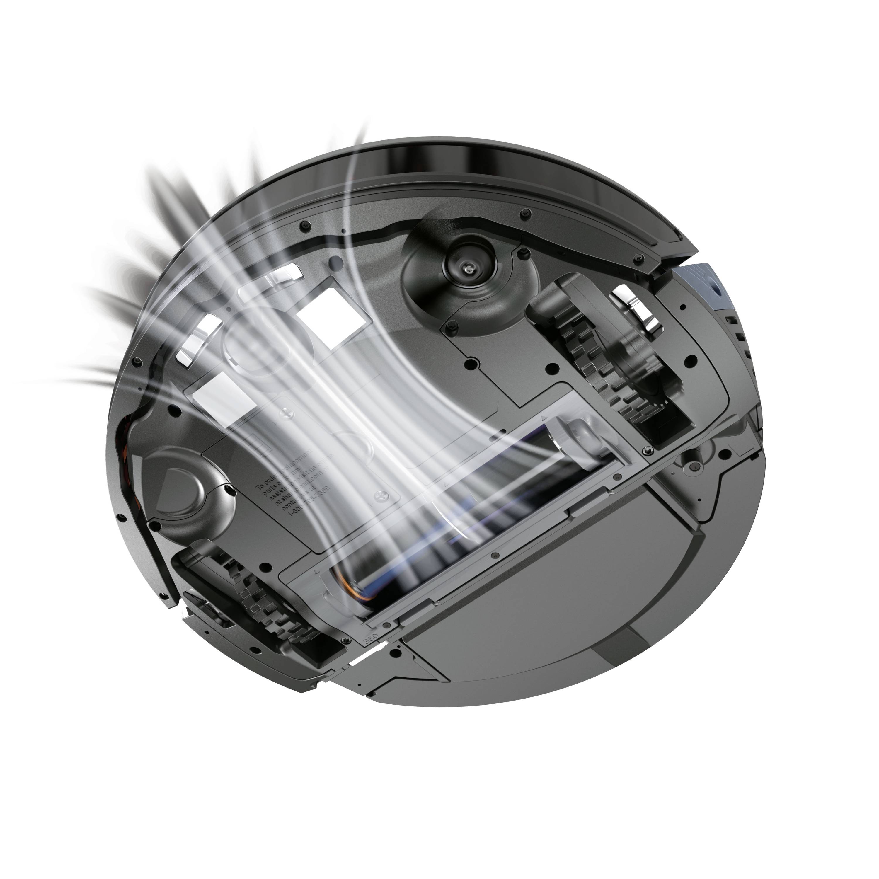 Underside of a robotic vacuum cleaner with visible suction mechanism and rotating brushes collecting dirt.