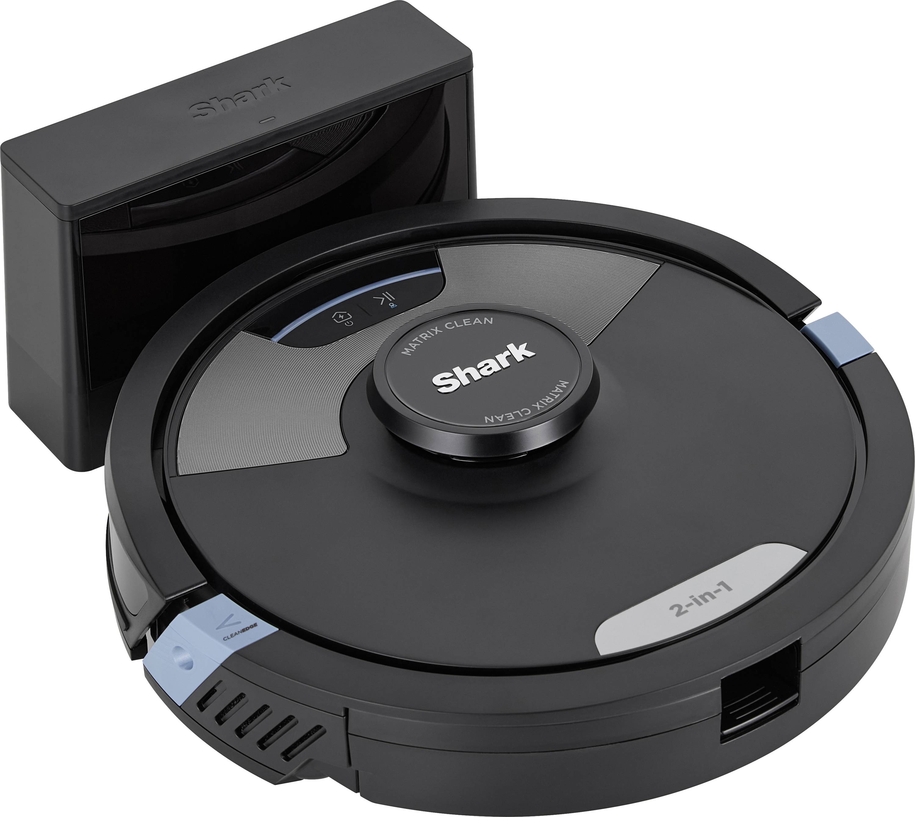 Black Shark suction and mopping robot, pictured with charging station.