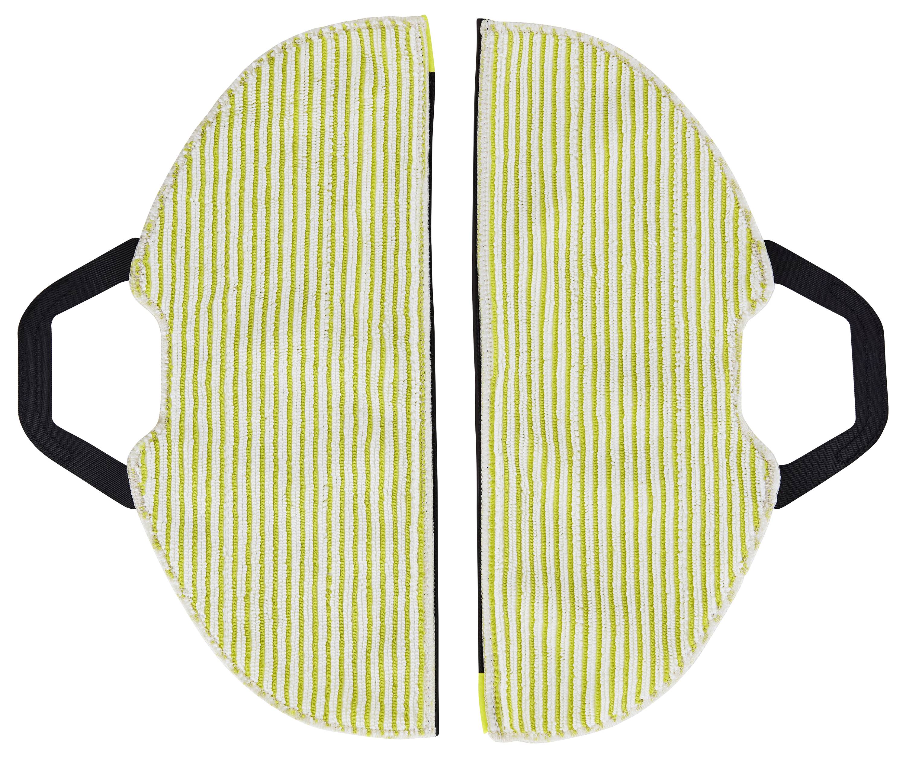 Two semi-circular, striped oven gloves with handles, placed side by side in bright yellow and green.