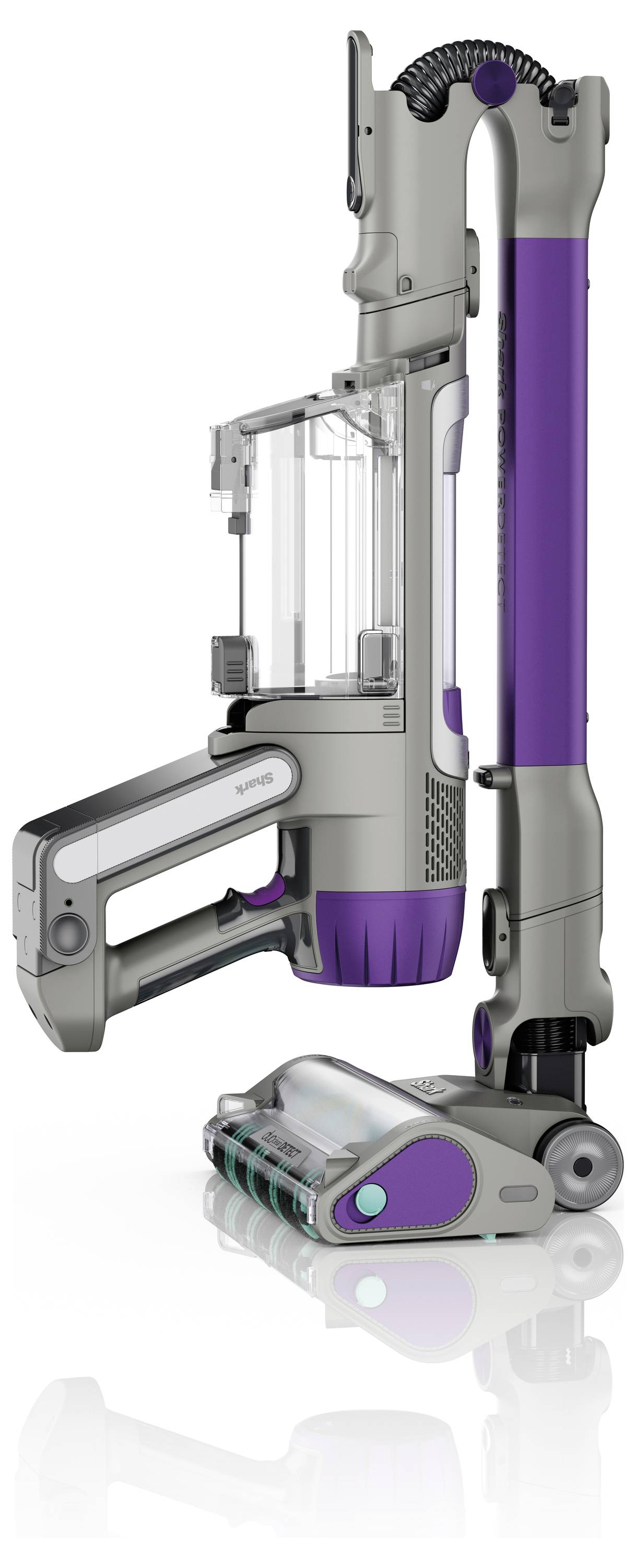 Grey and purple cordless vacuum cleaner with a detachable floor nozzle, standing in profile. Suitable for carpets and hard floors.