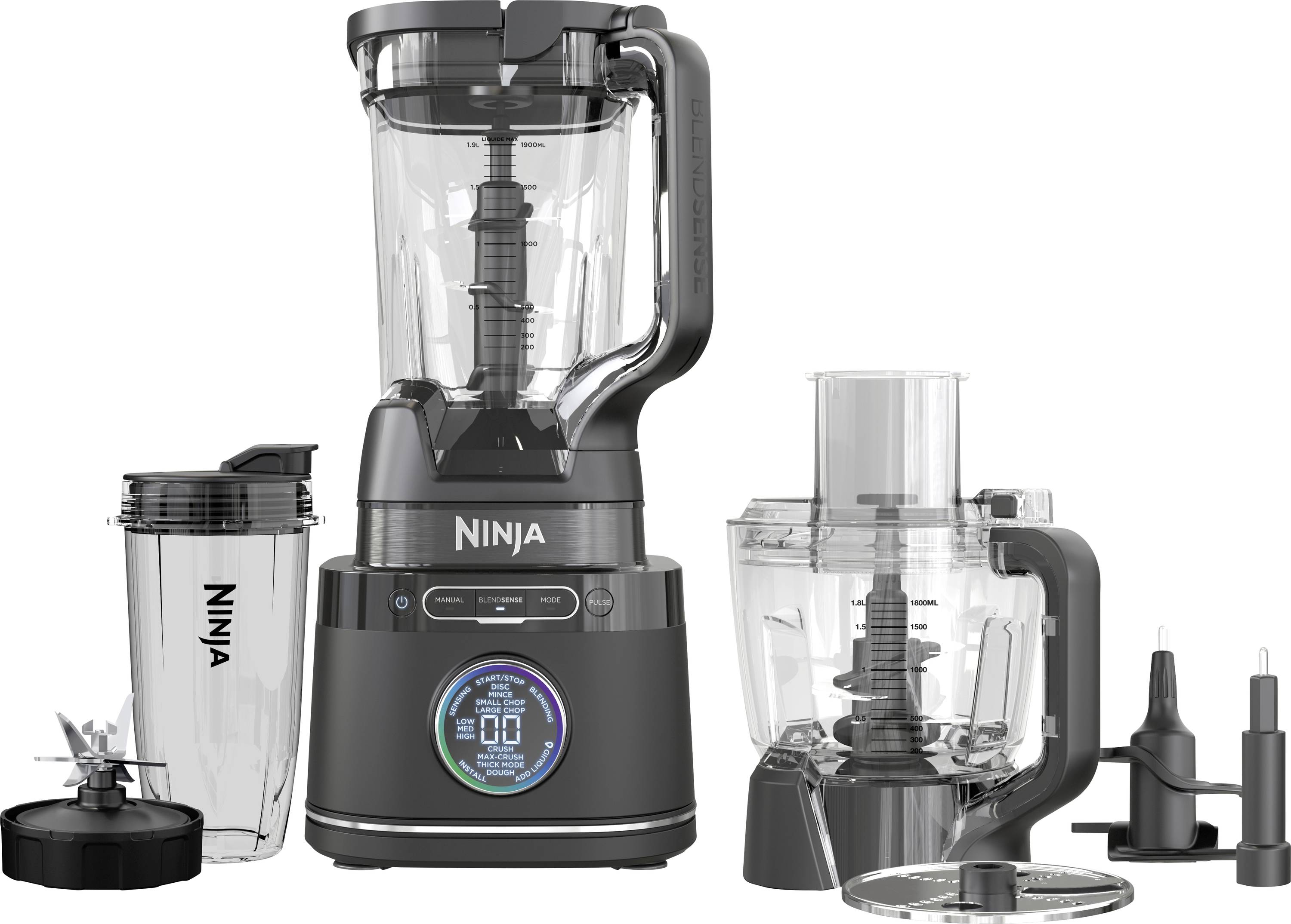 A black kitchen blender with various attachments and a jug marked 'Ninja'. Digital display on the front.