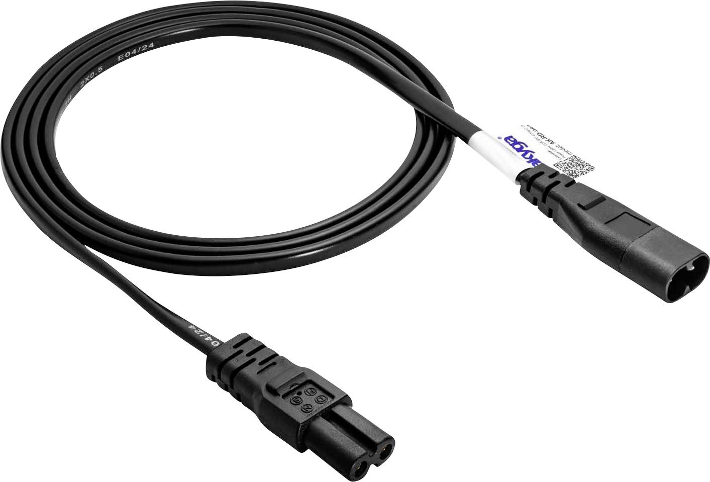 A black mains cable with two connectors, suitable for powering electrical devices.