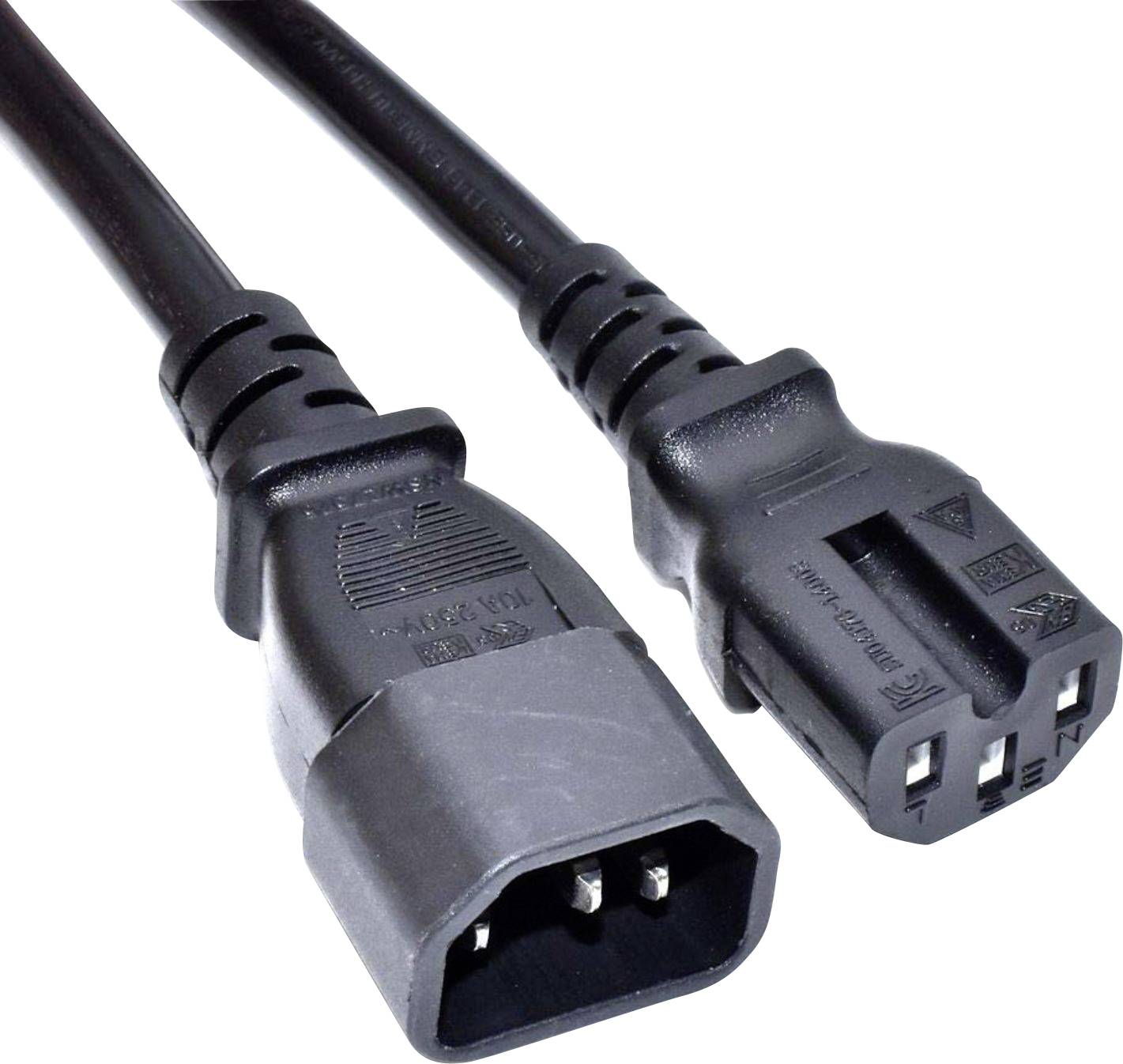 A power cable with two connectors: on the left, a three-pin cold appliance plug, on the right, a corresponding socket.