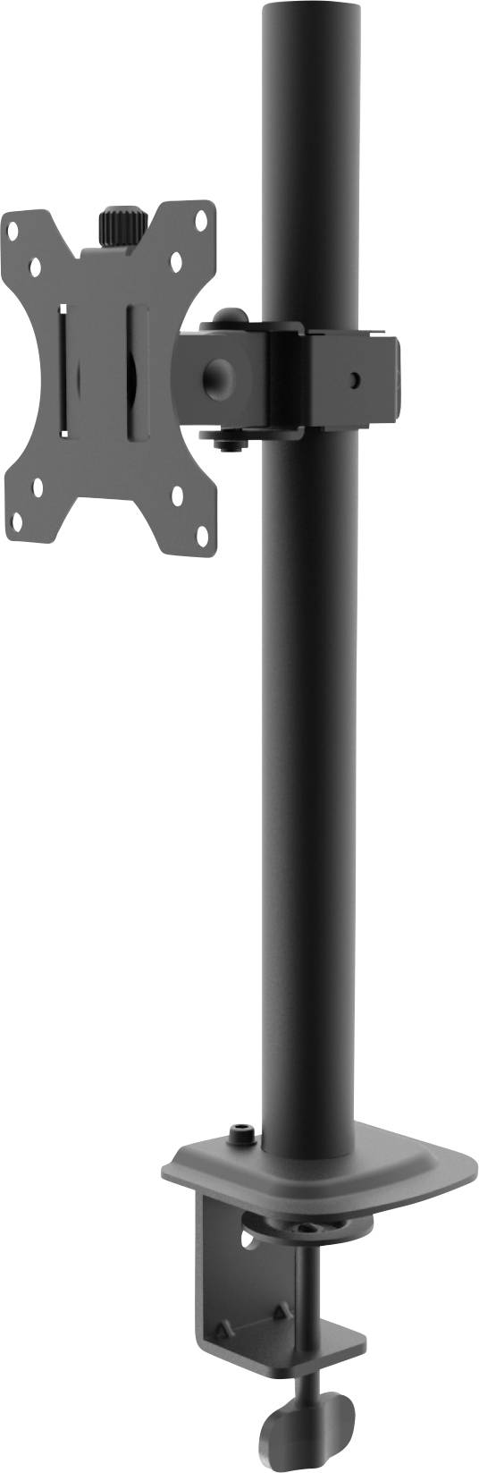 Monitor mount with adjustable arm and clamp for attaching to a desk. Designed for flexible screen positioning.