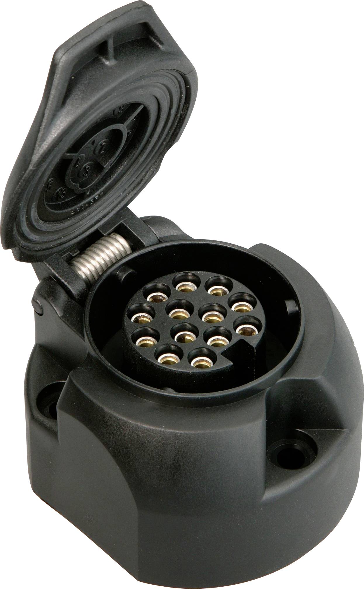 Trailer socket with 13-pin round connector, open, showing contacts. Used for electrical connections between vehicles.