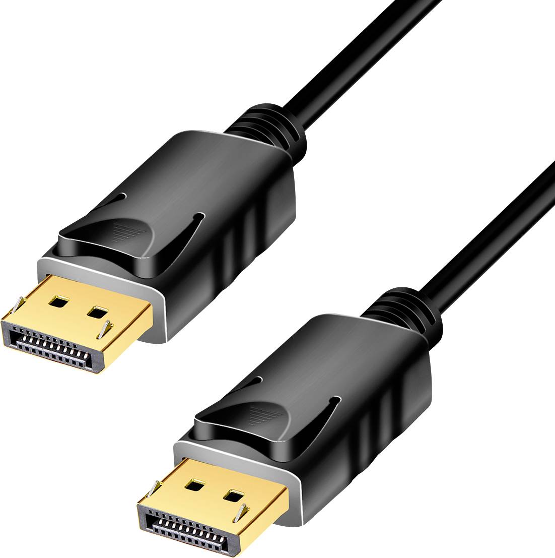 Black DisplayPort cable with two gold-plated connectors, suitable for transmitting audio and video signals between devices.