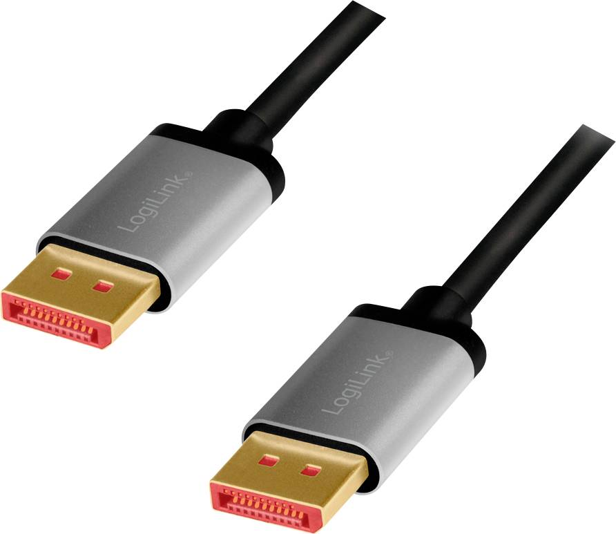 Two DisplayPort cables with black cables and grey plugs with orange connectors, used for data transmission.