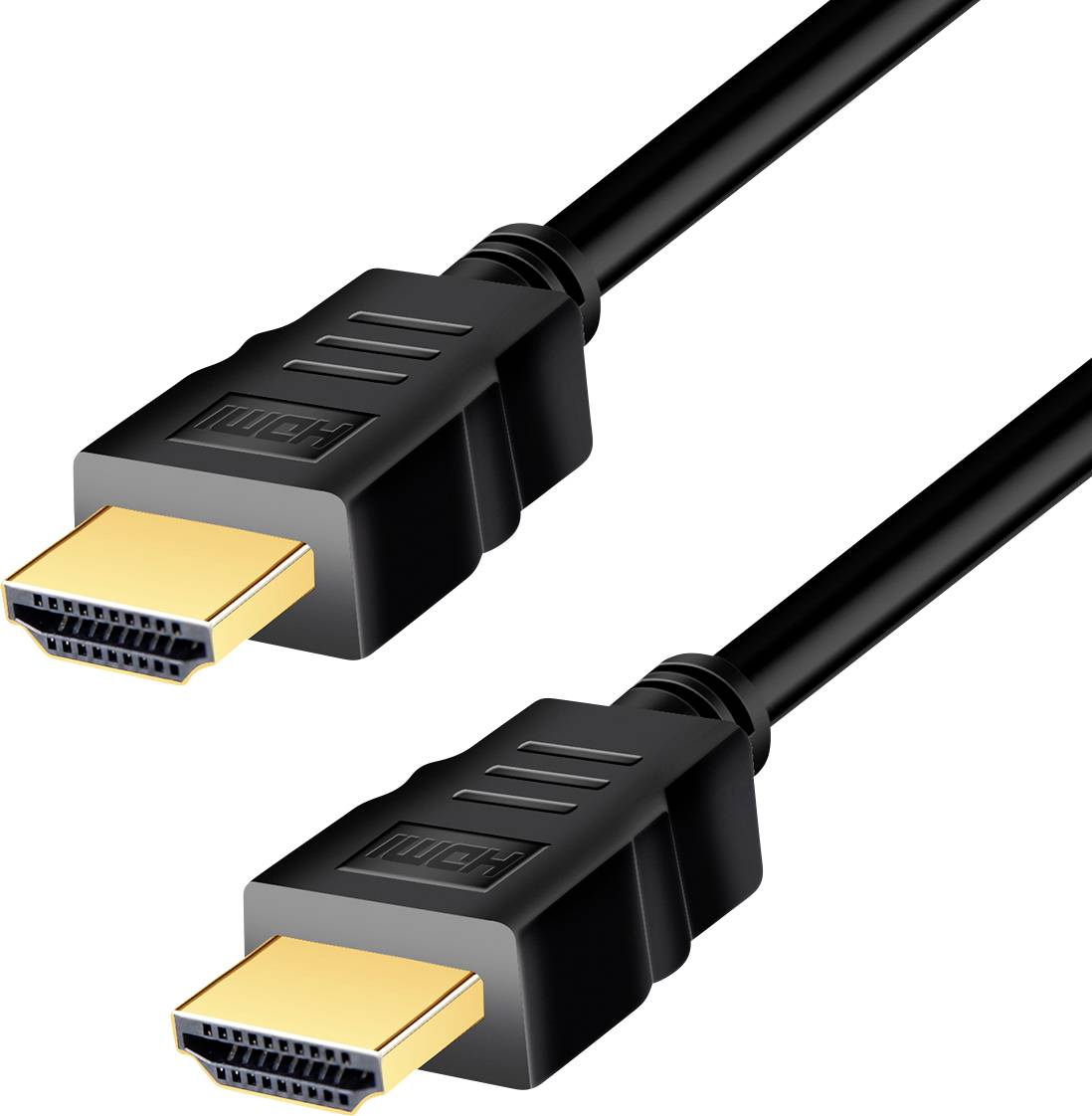 Two black HDMI cables with gold-plated connectors, lying parallel to each other, on a white background.