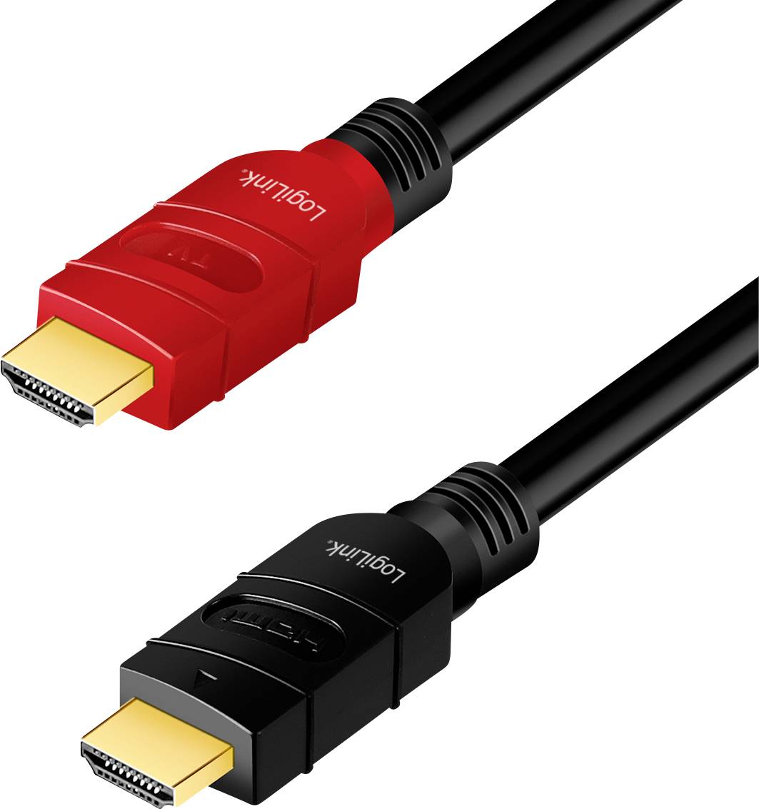 A red and a black HDMI cable with gold-plated connectors, both labelled 'LogiLink', on a white background.