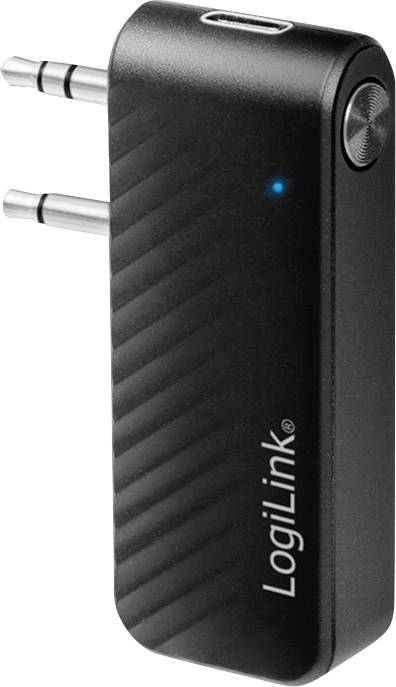 A black Bluetooth transmitter by LogiLink with a 3.5 mm jack socket and a blue indicator light.