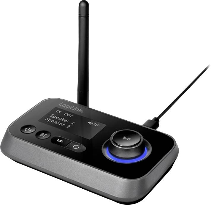 A wireless audio transmitter with display shows: 'TX', 'Speaker 1', 'Speaker 2'. Pairing buttons and volume controls are visible.
