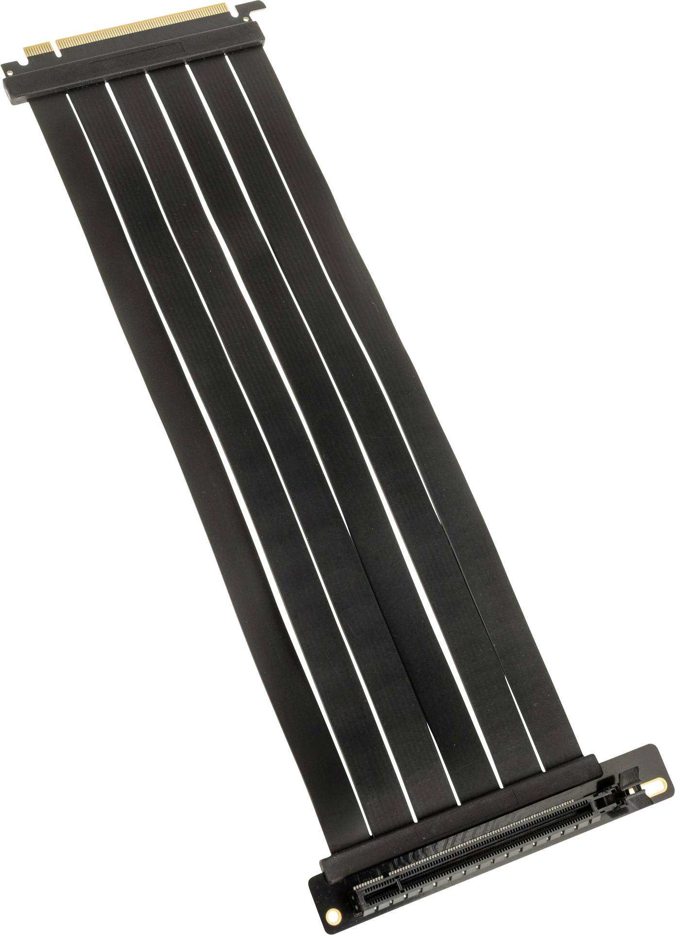 A black, flat PCIe riser cable for connecting computer components, such as a graphics card to the motherboard, offset at a 90-degree angle.