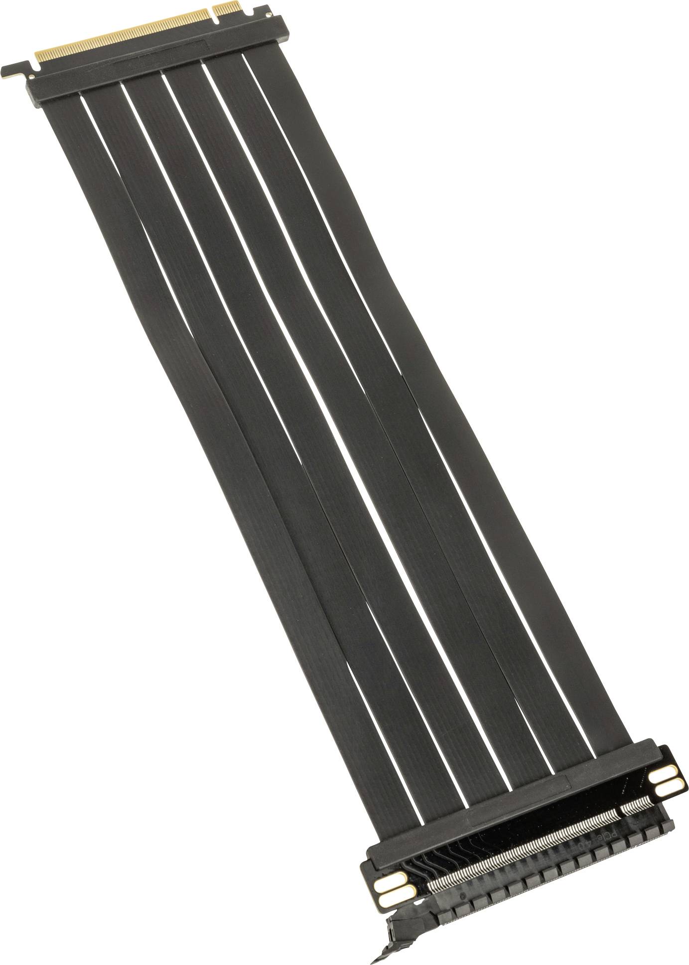 PCIe Riser Cable, black, rectangular. Adapter for vertical graphics card mounting in computer cases.