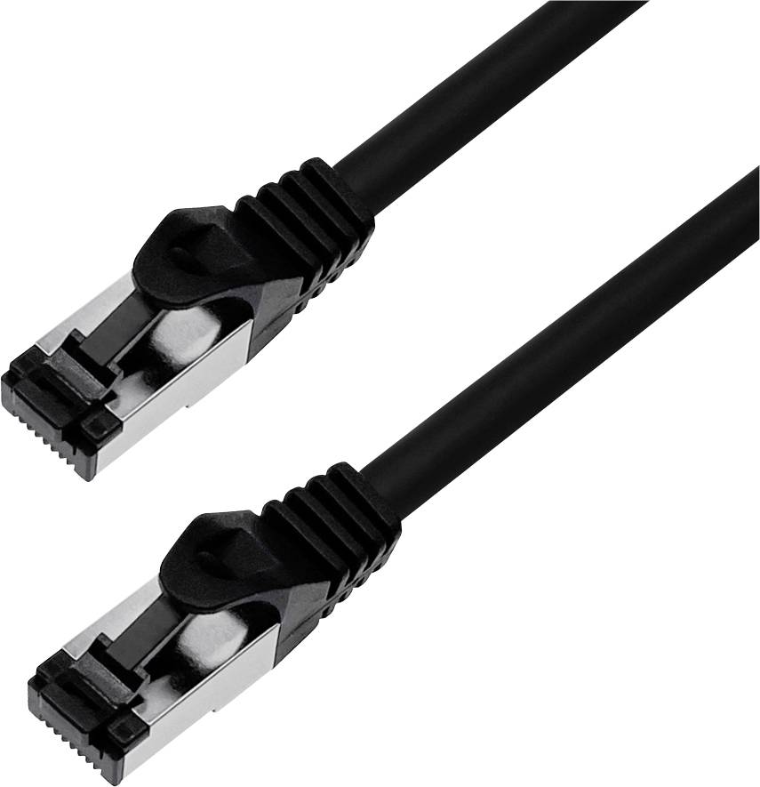Two black Ethernet network cables with silver connectors, arranged one on top of the other. Suitable for network installations.
