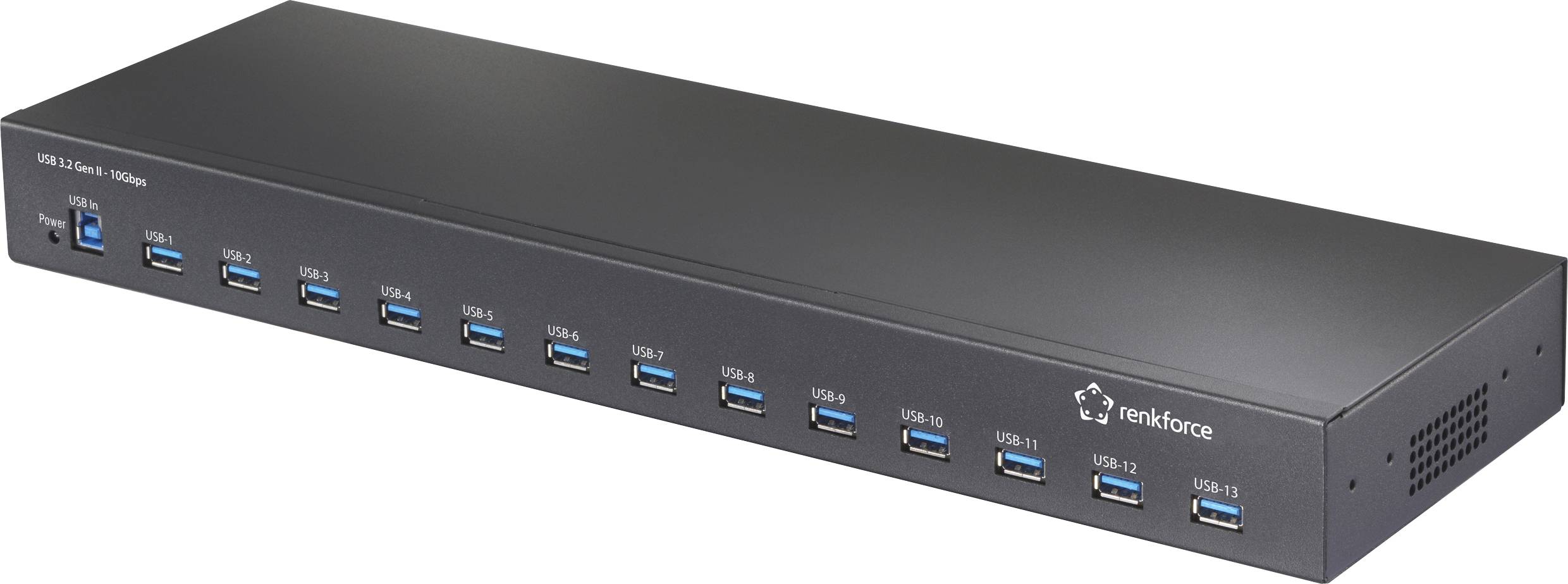 A black USB hub with 13 USB 3.0 ports labeled from USB 1 to USB 13, made by renkforce. The device is designed for easy connectivity.